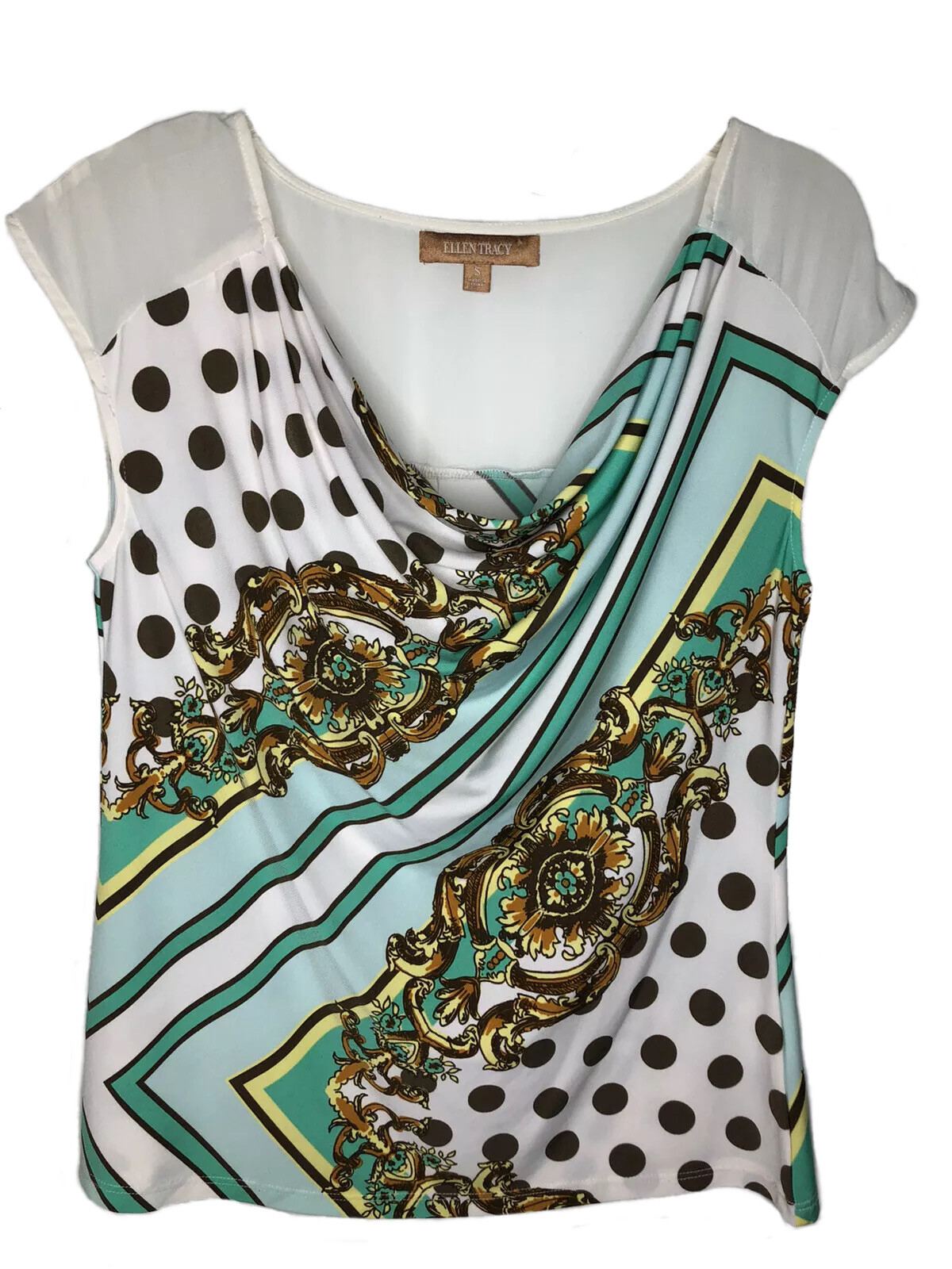 Ellen Tracy Women’s Small Cowl Neck Sleeveless Top Multi Color Green Gold Brown