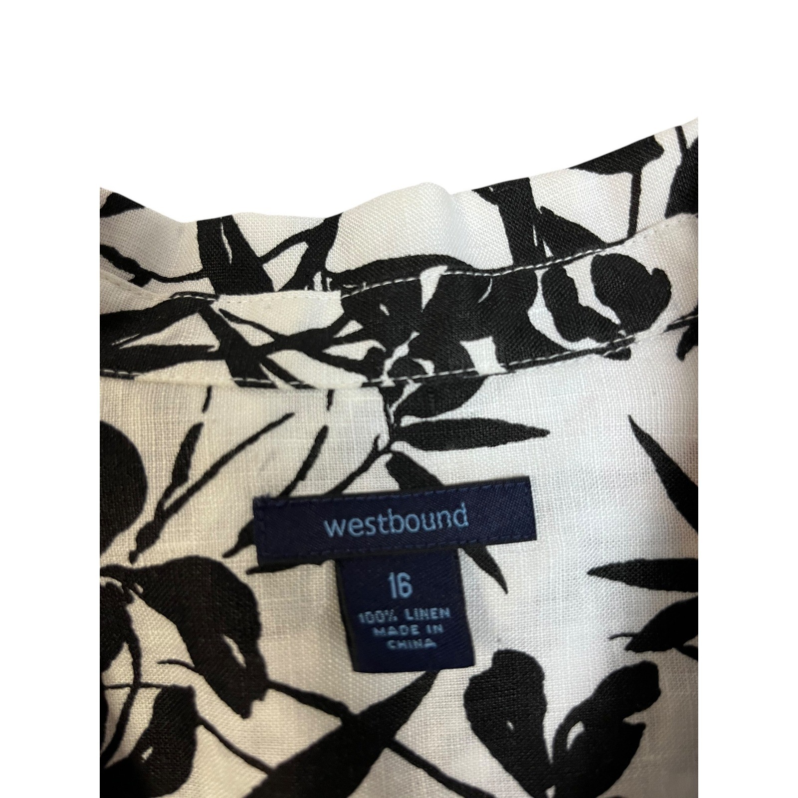 Westbound Womens 16 Linen Button Up Shirt Black White Floral Bamboo Camp Blouse