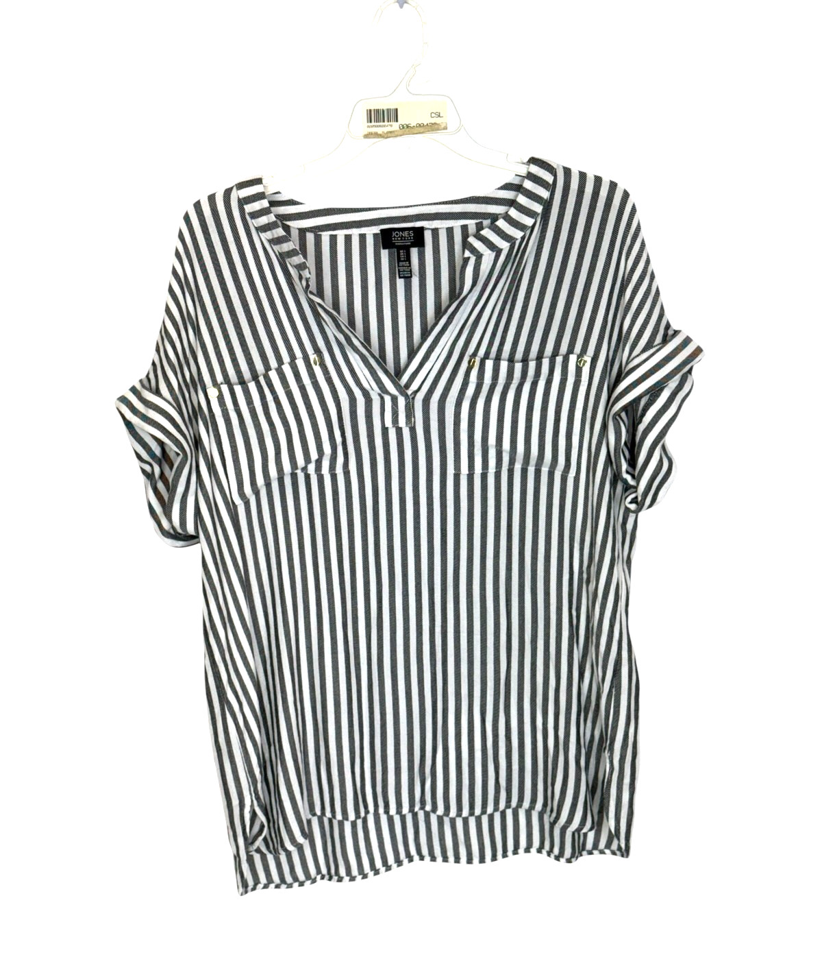 JONES NEW YORK womens top size L black/white stripe v-neck cuff sleeve grunge