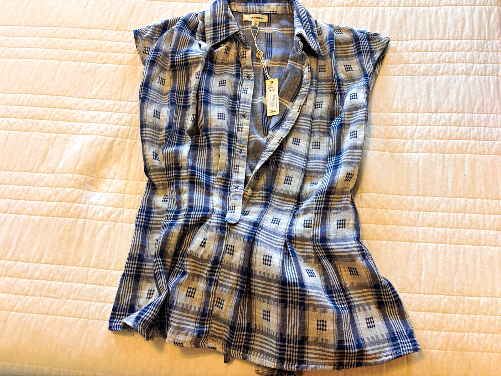 Max Studio XS Blue/White Plaid Sleeveless Spaghetti Strap Bow Smocked Blouse