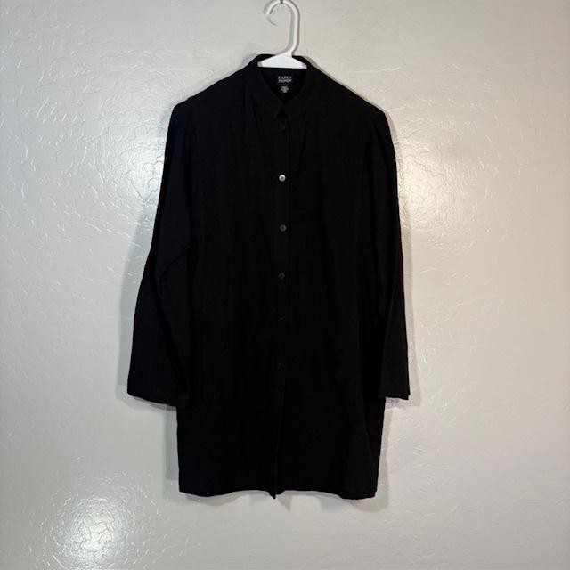 Eileen Fisher Button Up Shirt Womens XS Black Linen Tunic Long Sleeve Top