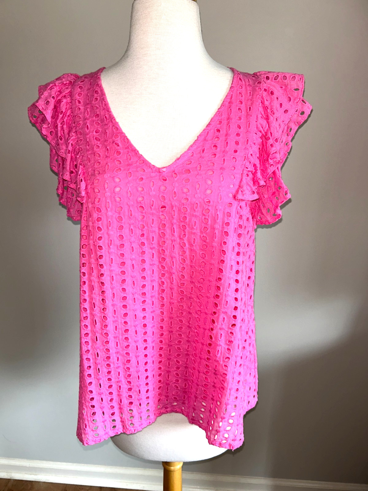 Umgee Hot Pink Cotton Eyelet Top with V Neck and Short Flutter Sleeves