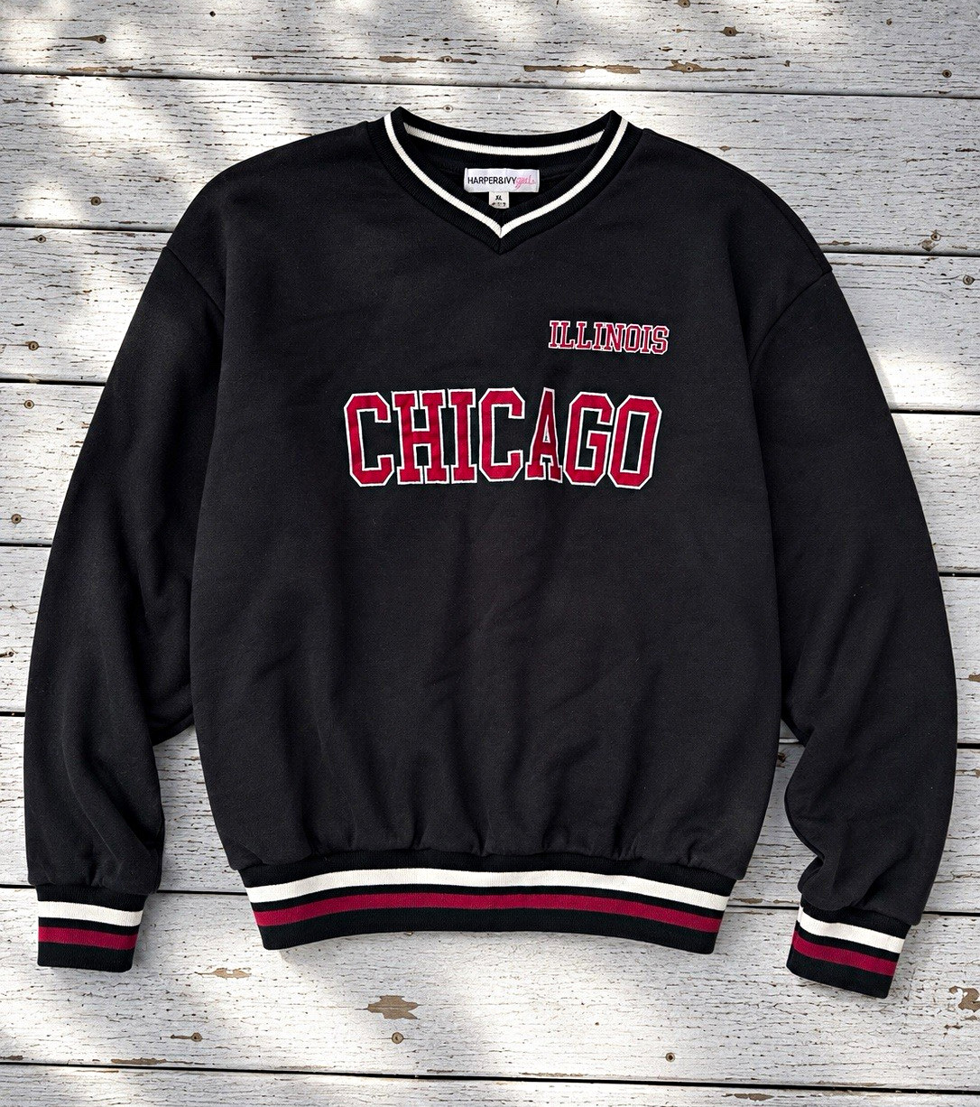 Harper & Ivy Girl Chicago Illinois Varsity Sweatshirt Womens XL Graphic Black