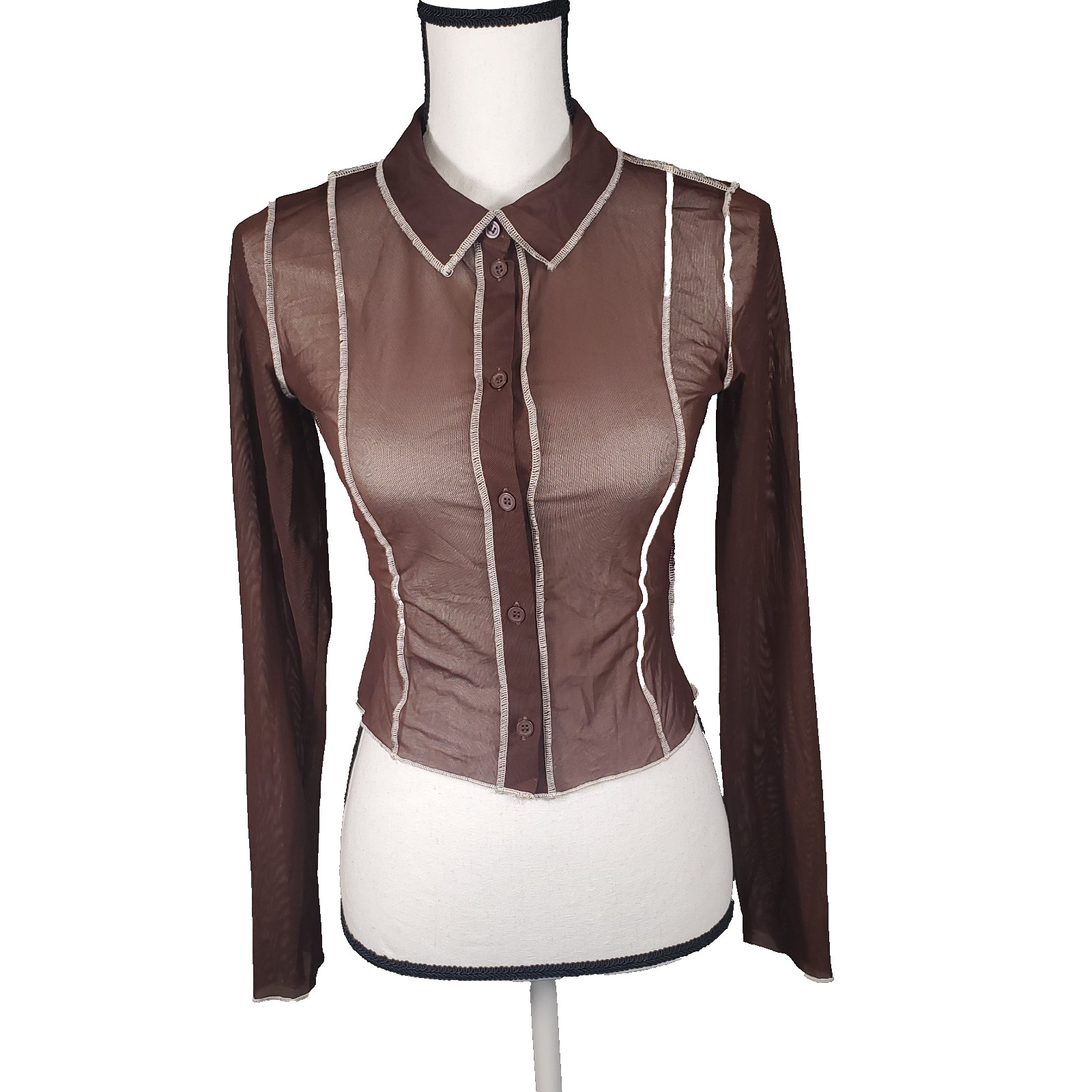 Divided H&M Brown Sheer Mesh Button Up Shirt Small Contrast Ivory Stitching EUC