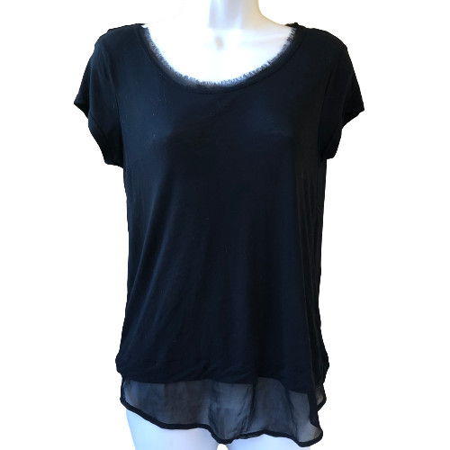 Femme By Tresics Black Blouse Top Cap Sleeve SHEER TRIM Womens size Small