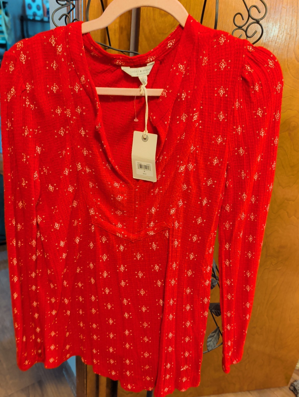 Lucky Brand Red Medium Long Sleeve Soft Waffle Weave Blouse NWT