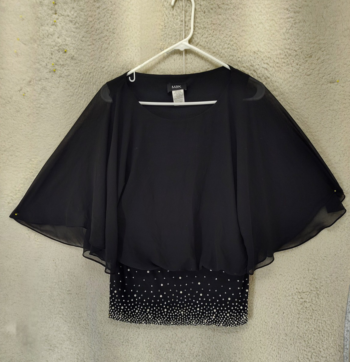 MSK Blouse Womens Medium Black Chiffon Cape Sleeve Embellished Party Top Elegant