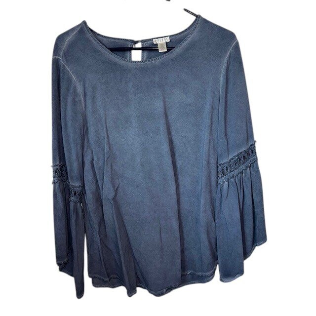 Spense Oil Wash Bell Sleeve Top Crochet Trim Long Sleeve Blouse Blue Size L