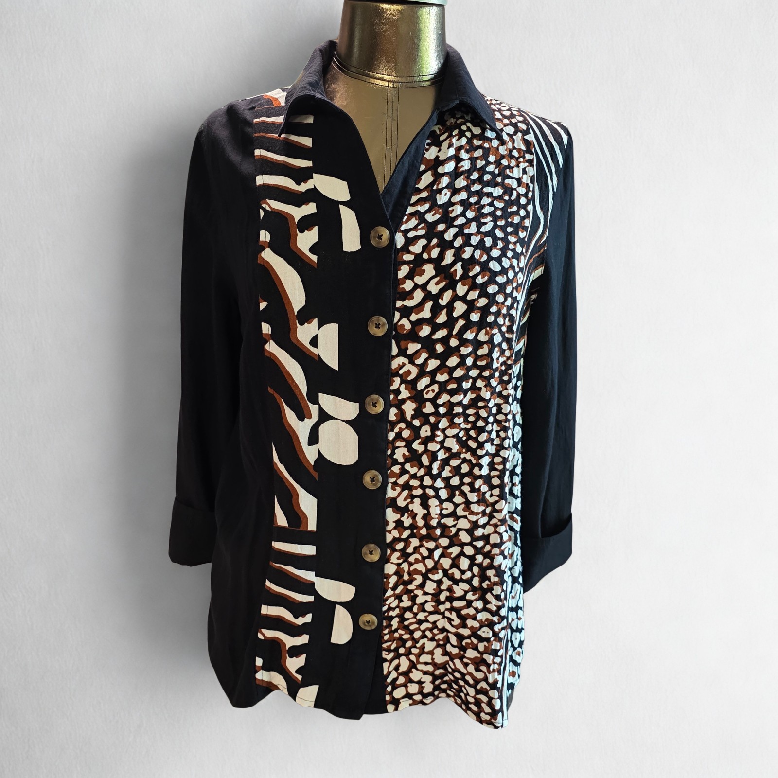 Multiples Womens Button Up Shirt M Mixed Animal Print Patchwork Art To Wear Boho