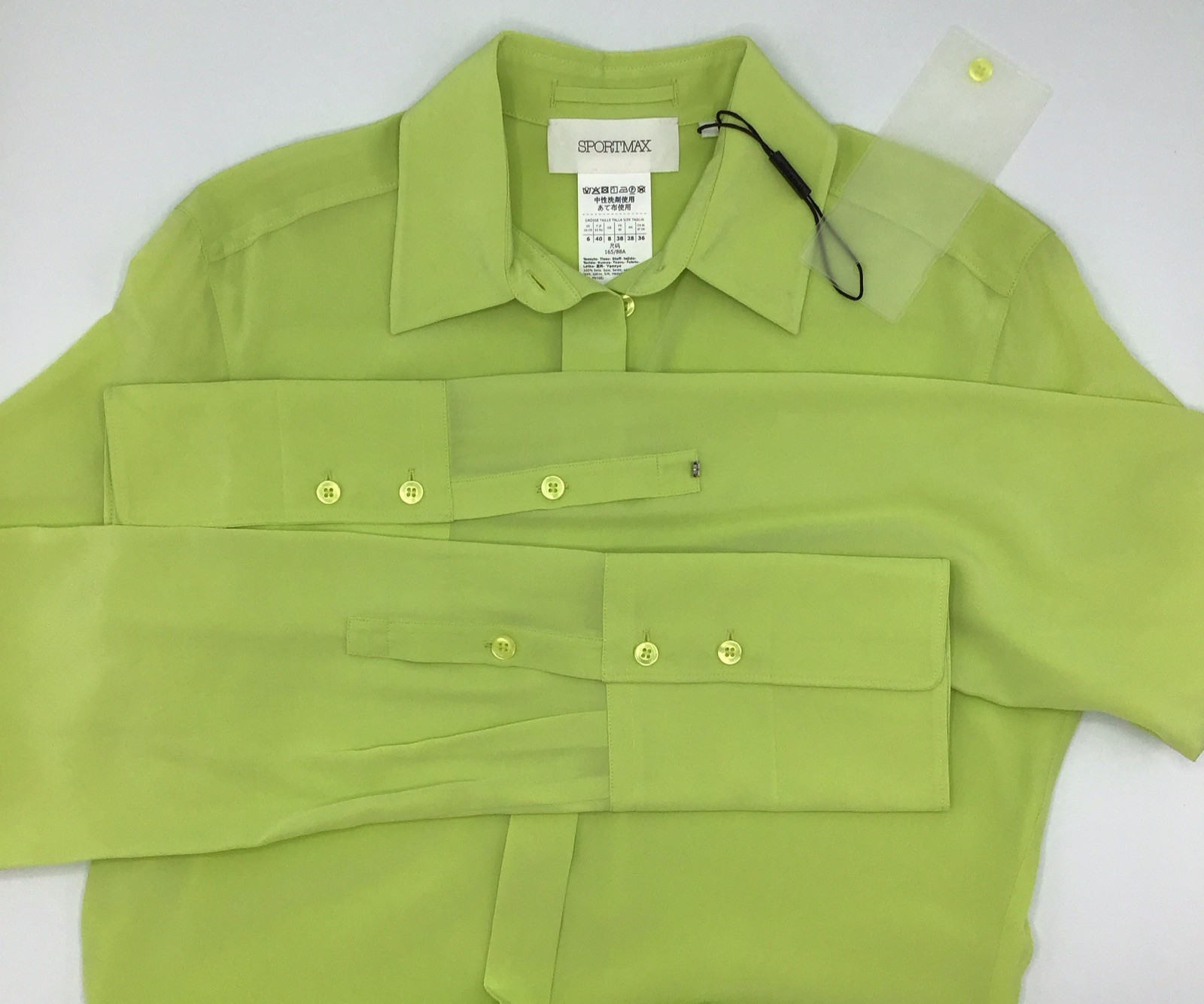 Max Mara SPORTMAX Algebra Lime Silk Shirt Button Front Elongated Cuffs NWOT US6