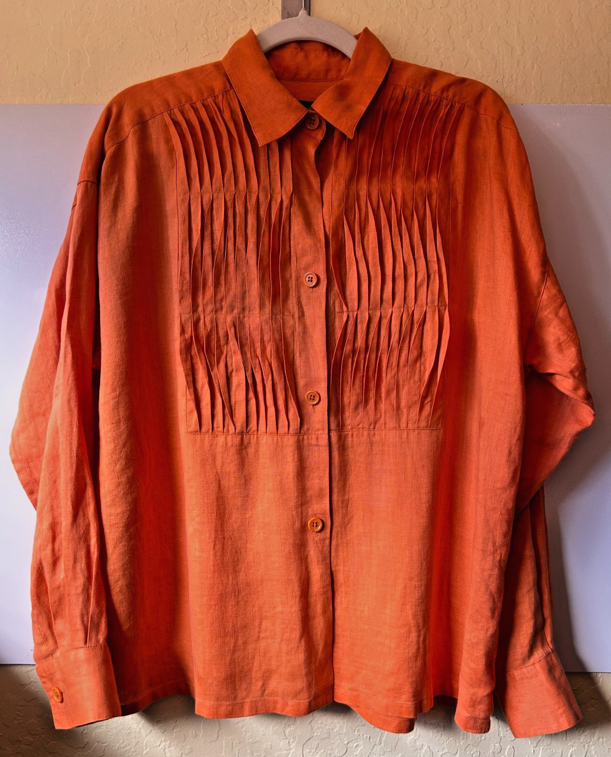 Linda Allard Ellen Tracy Size 12 100% Linen 3/4 Button Top Blouse Ruffled Orange