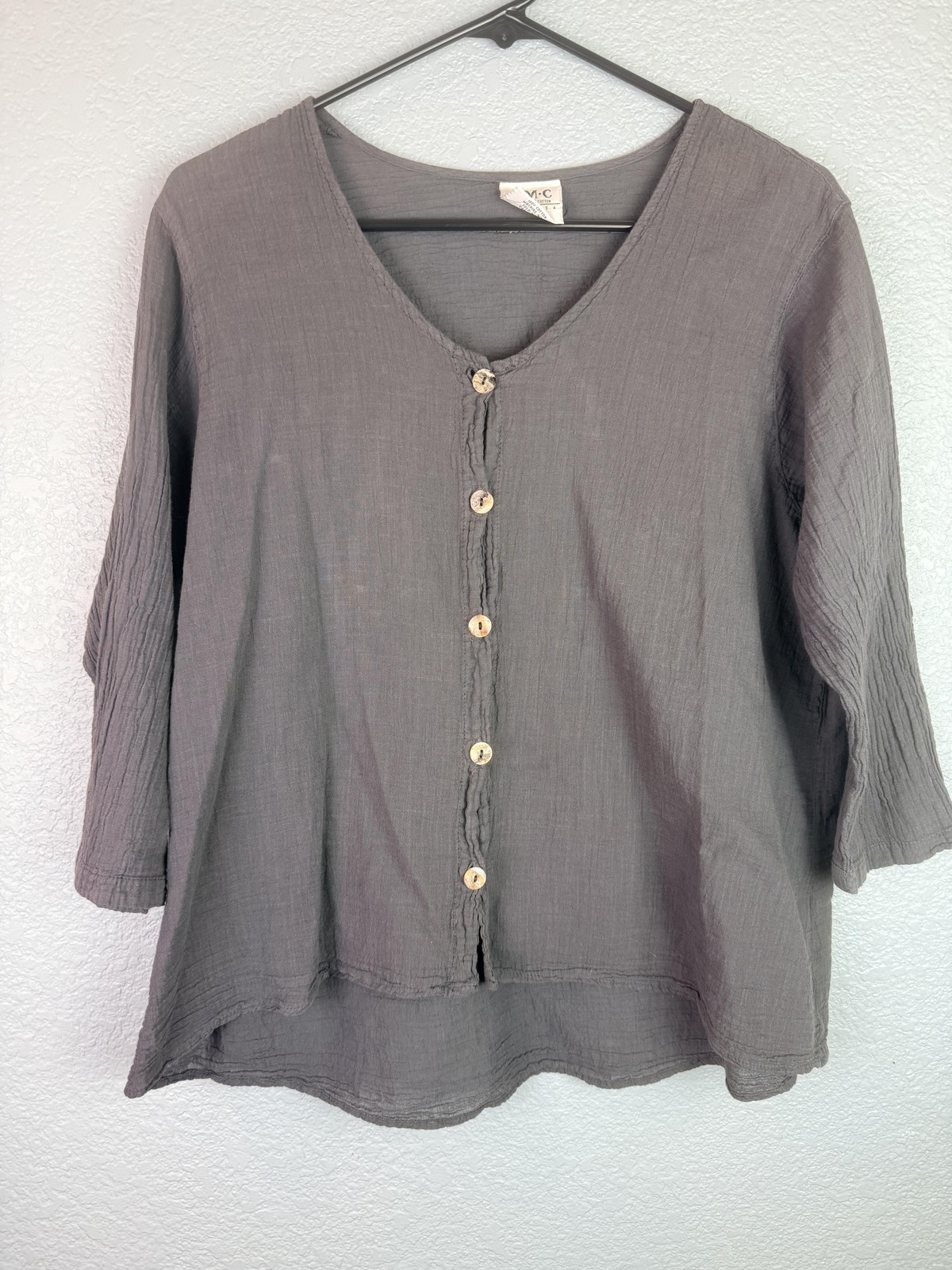 Color Me Cotton Blouse Womens Medium Gray Button Front 3/4 Sleeve Made USA Top