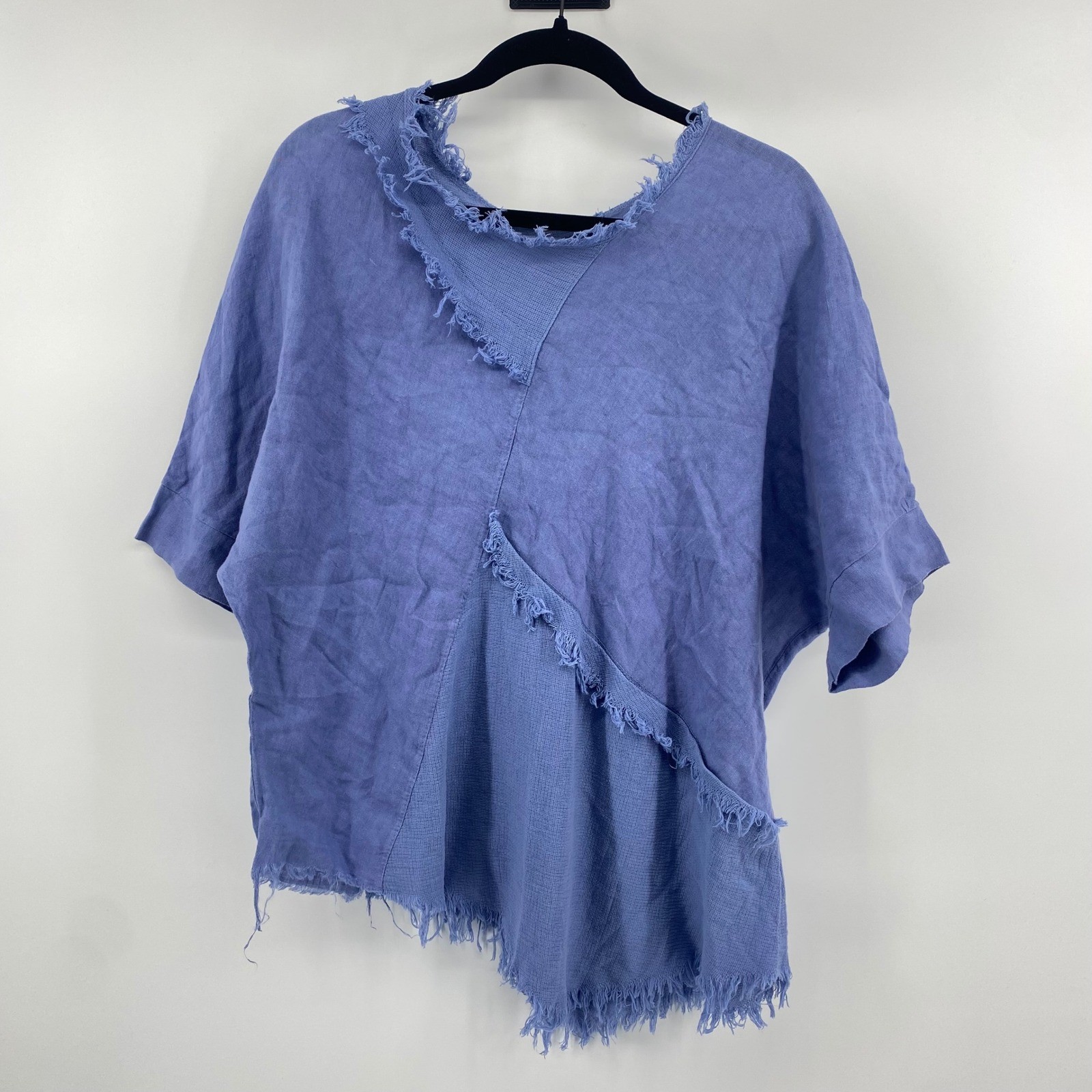 Blanco De Ibiza Top Womens M Blue 100% Linen Raw Edge Asymmetrical Frayed Italy