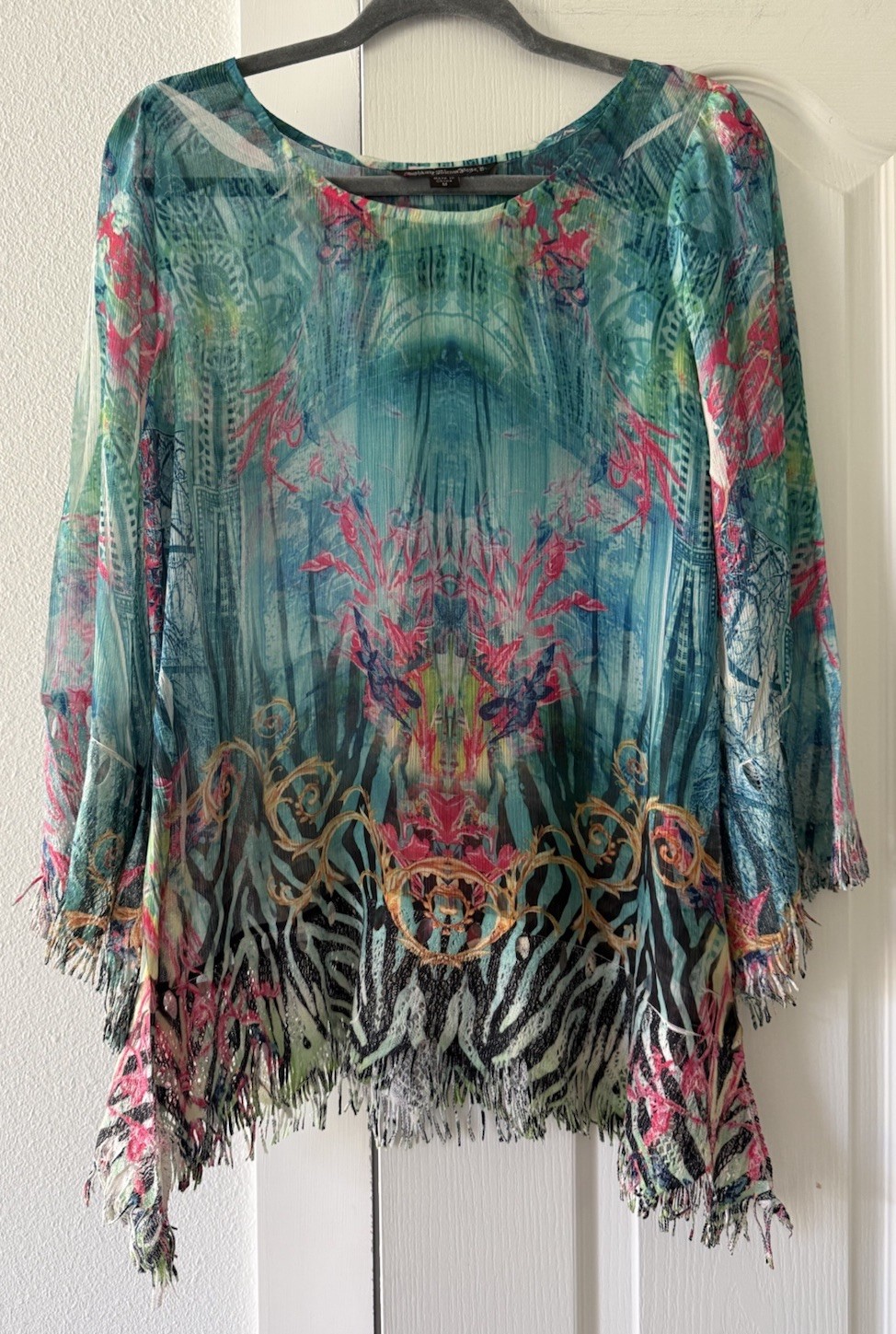 Mushka by Sienna Rose Women’s Medium Sheer Fringe Hem Boho Tunic Blouse