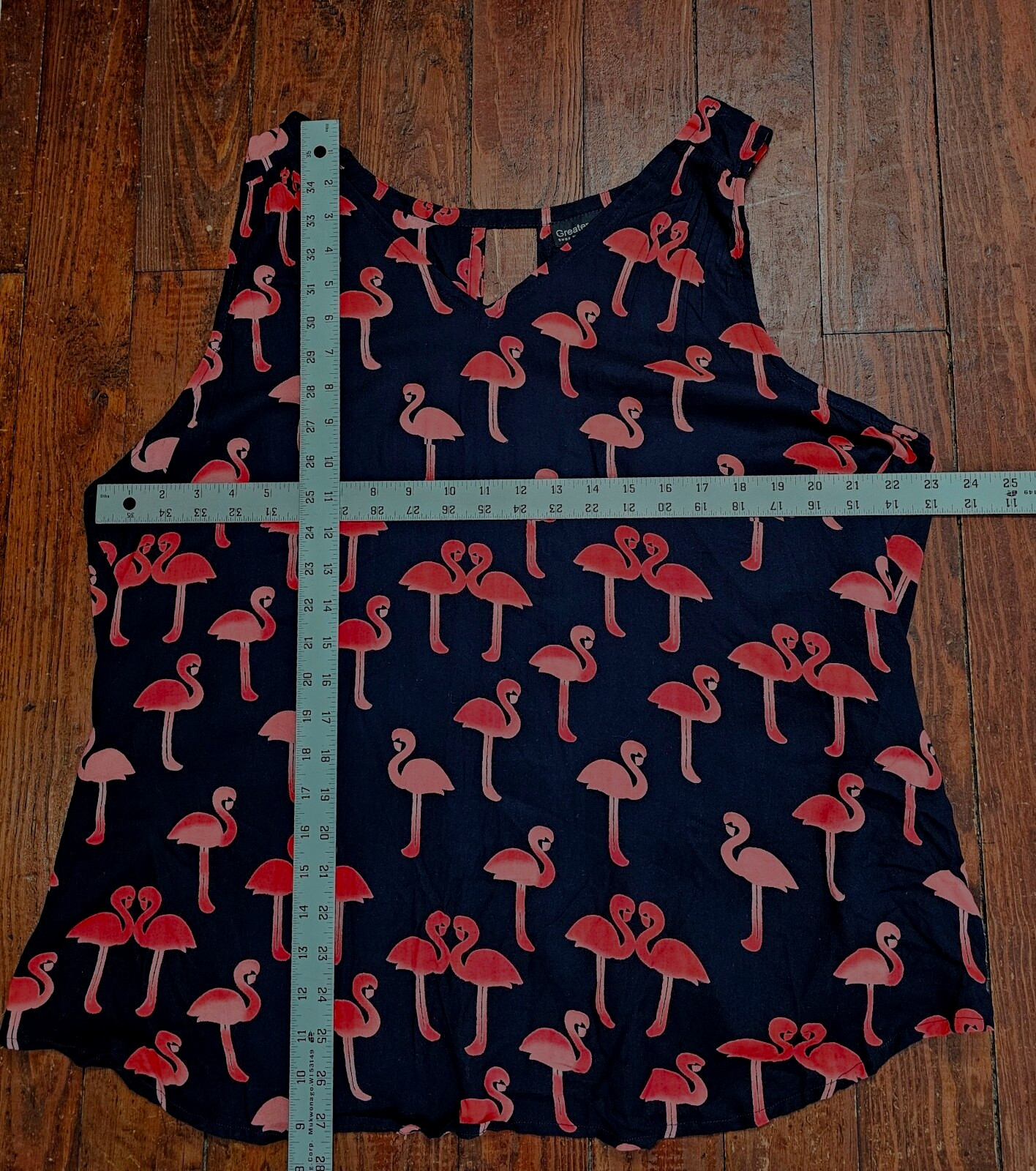 Greater Good Womens Pullover Sleeveless Top Navy Pink Flamingos Rayon 1X