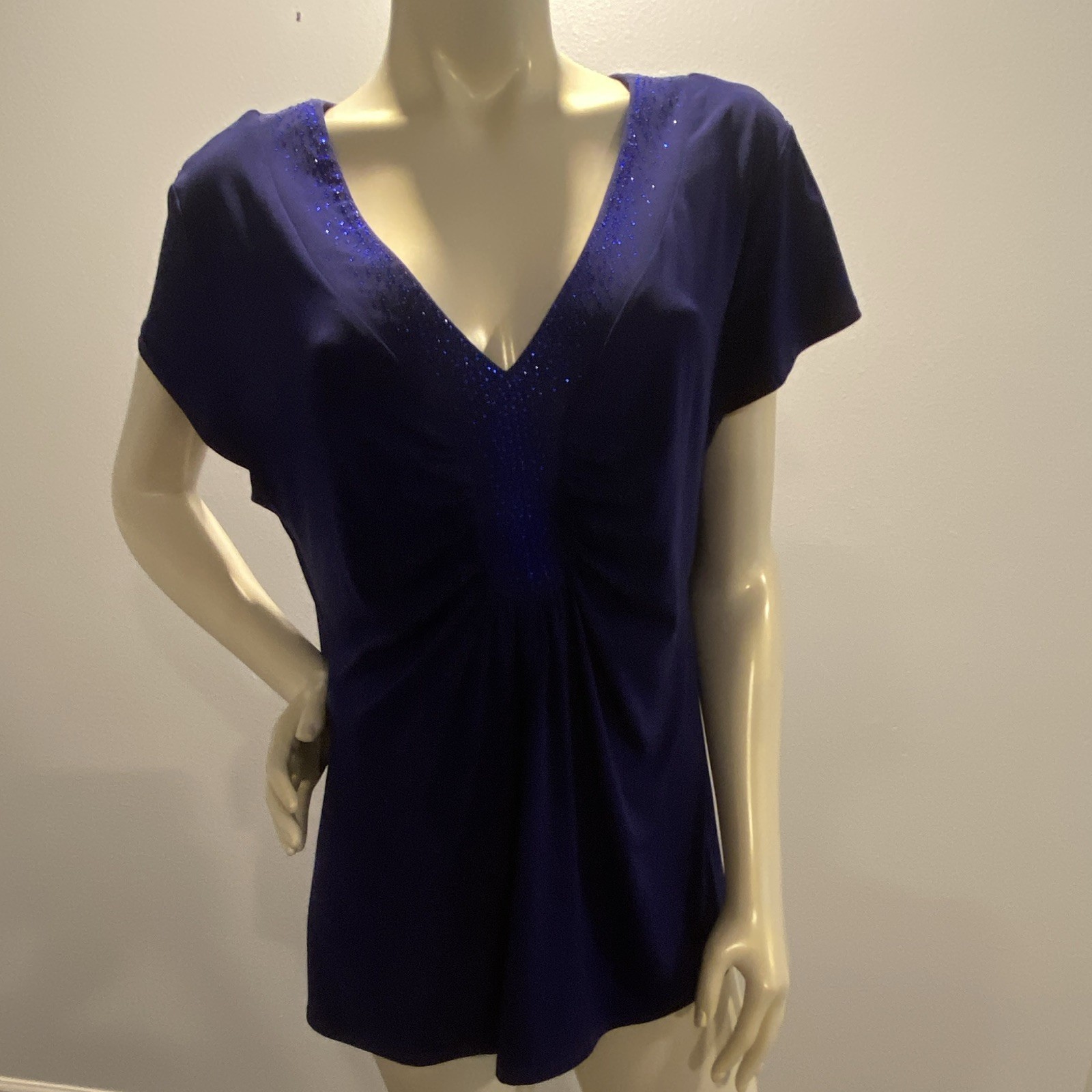 Studio AA 18W Blue Solid V-Neck Short Sleeve Knit Stretch Rhinestone Blouse