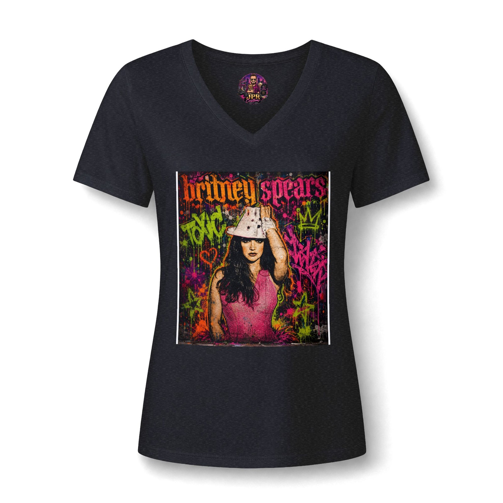 Y2K Pop Queen V-Neck Graphic Tee Neon Graffiti Streetwear Grunge