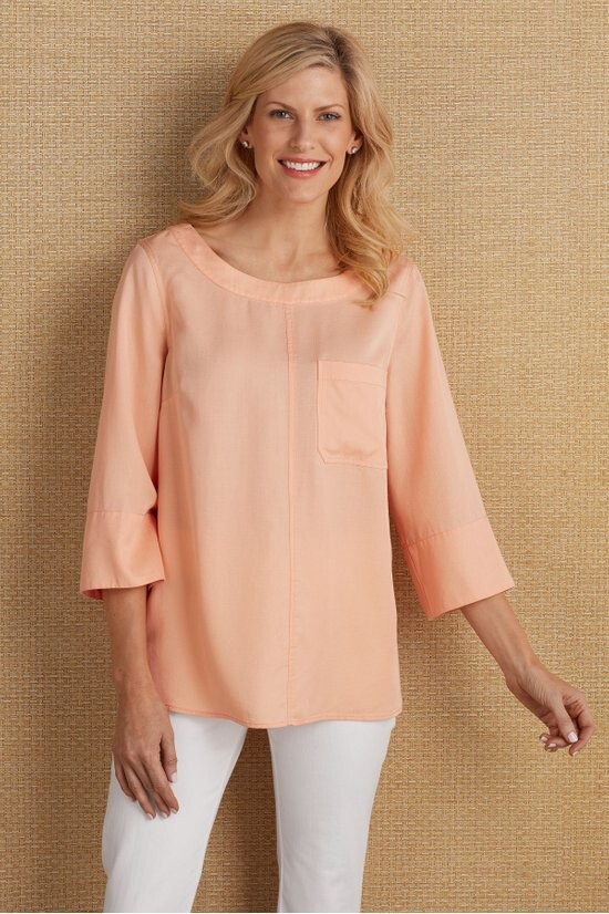 Soft Surroundings Womens Georgica Tencel Top Size XS Peach Orange 3/4 Sleeve