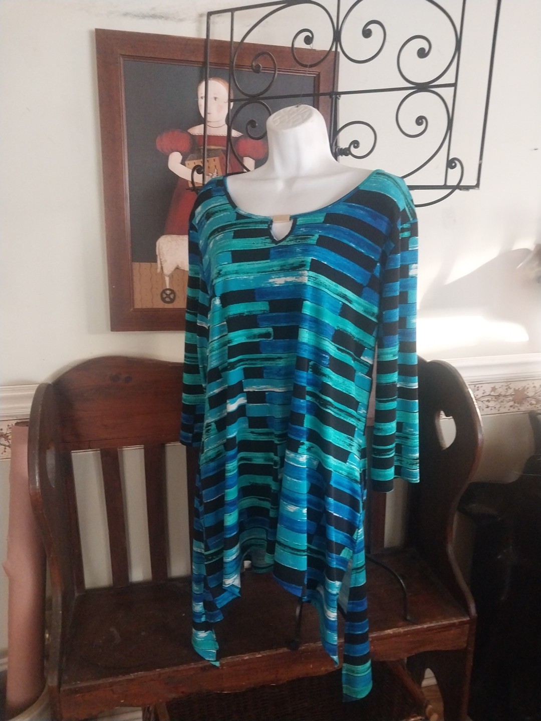 CATO TOP 14/16 XL BELOW HIP BLUE ABSTRACT PULLOVER 3/4 SLEEVE WASHABLE SHIRT
