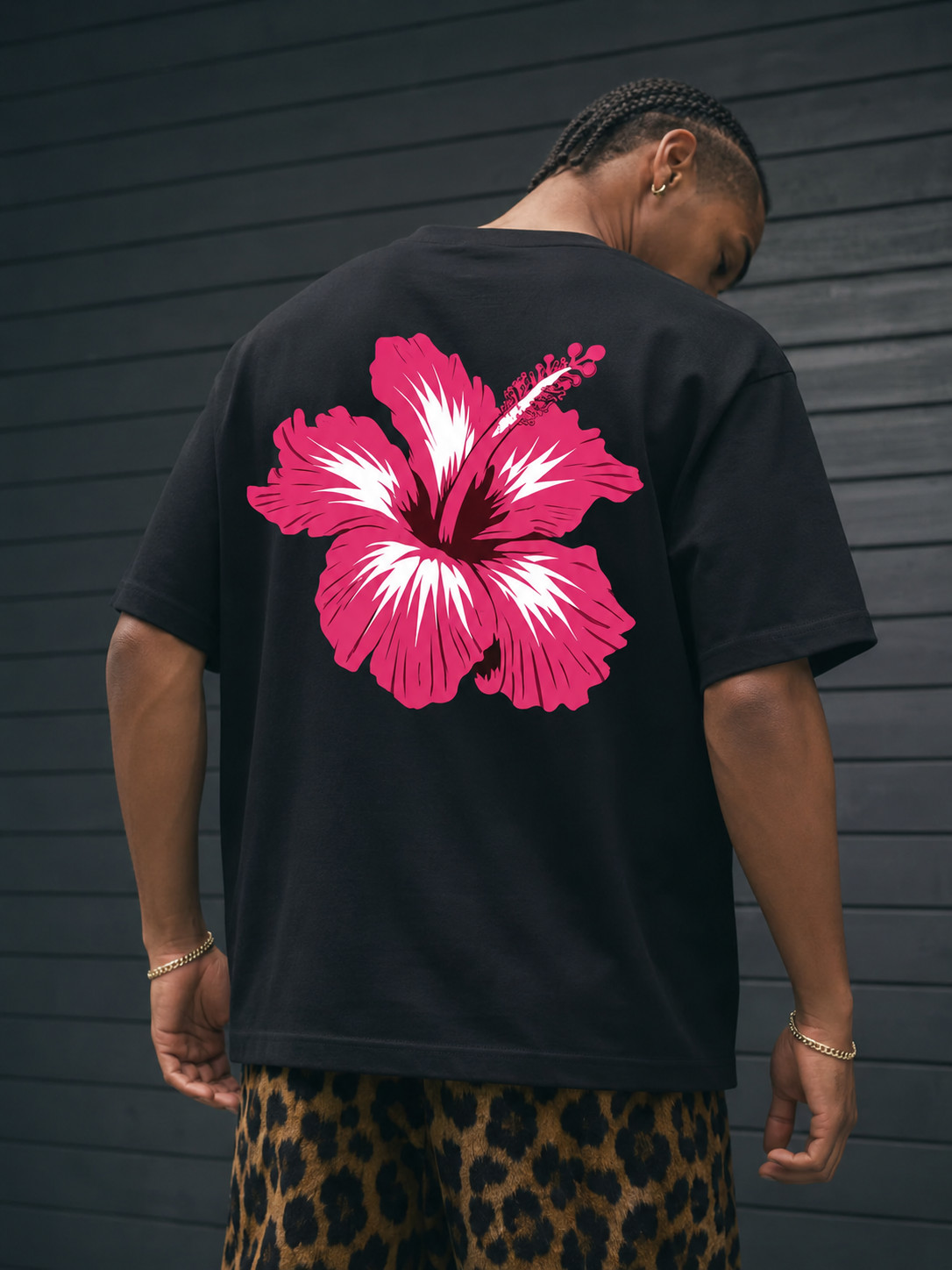 Pink Hibiscus Flower Graphic T-Shirt, Tropical Floral Back Print Tee