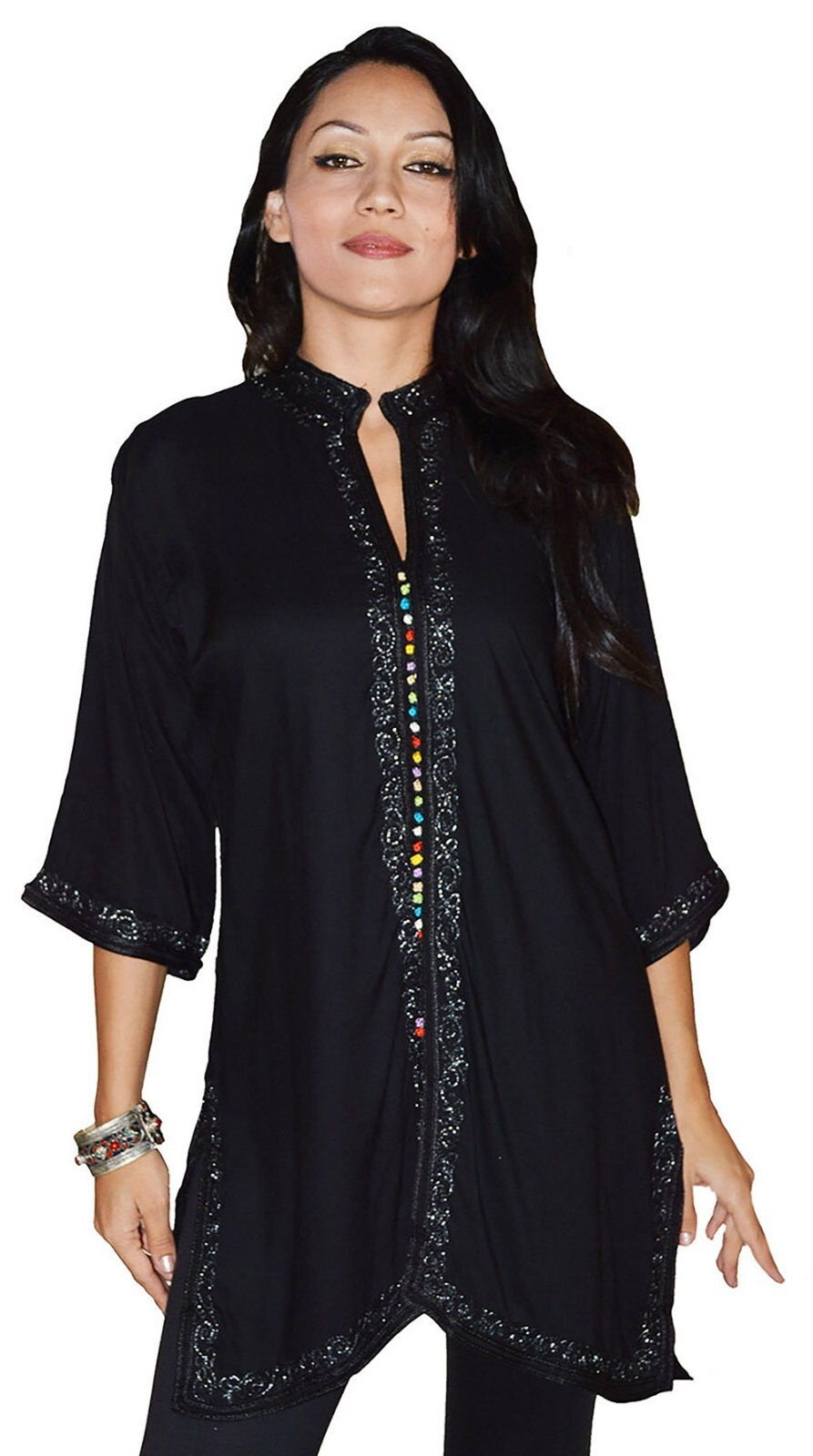 Moroccan Tunic Caftan Shirt Cotton Blouse Swim Suit Cover-up Black LG To XLG