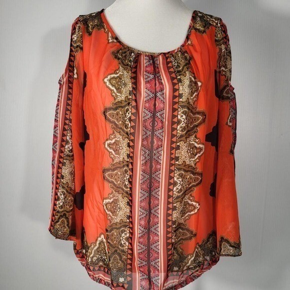 New York & Company Orange Paisley Cold Shoulder Blouse Womens Medium Chiffon M