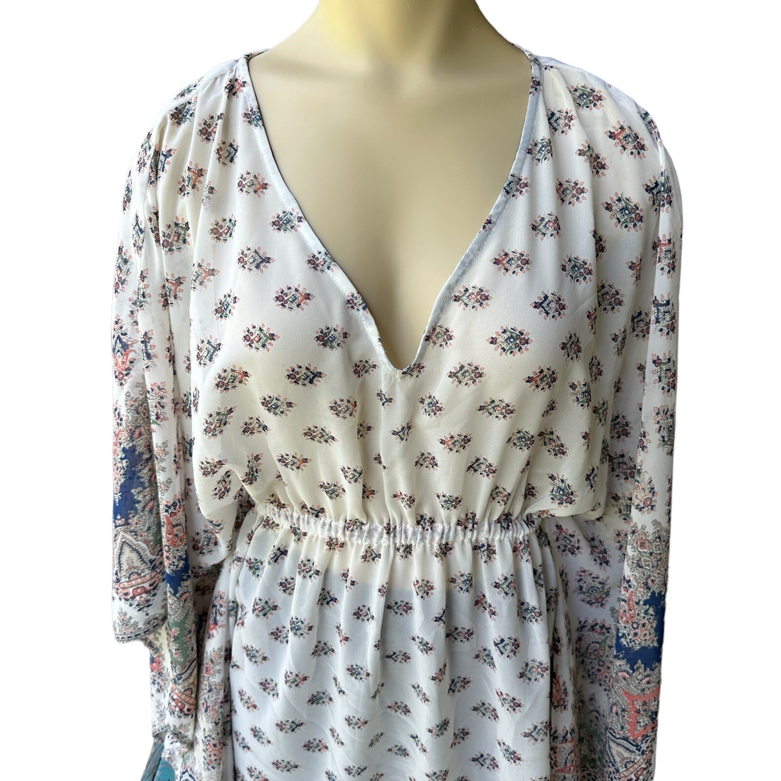 En Creme Anthropologie Tunic Top Women’s Small Flared Sleeve Sheer Boho Floral