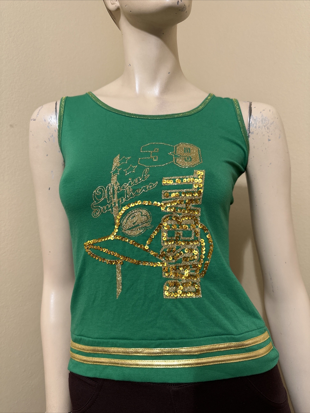 Women’s Green Gold Print Polyester Casual Summer Opened Beaded Size S Blouse Top
