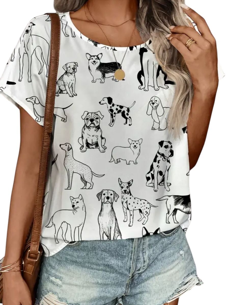 NWT Super Fun Black and White Dog Outline Short Sleeve Blouse Sizes M, L, XL