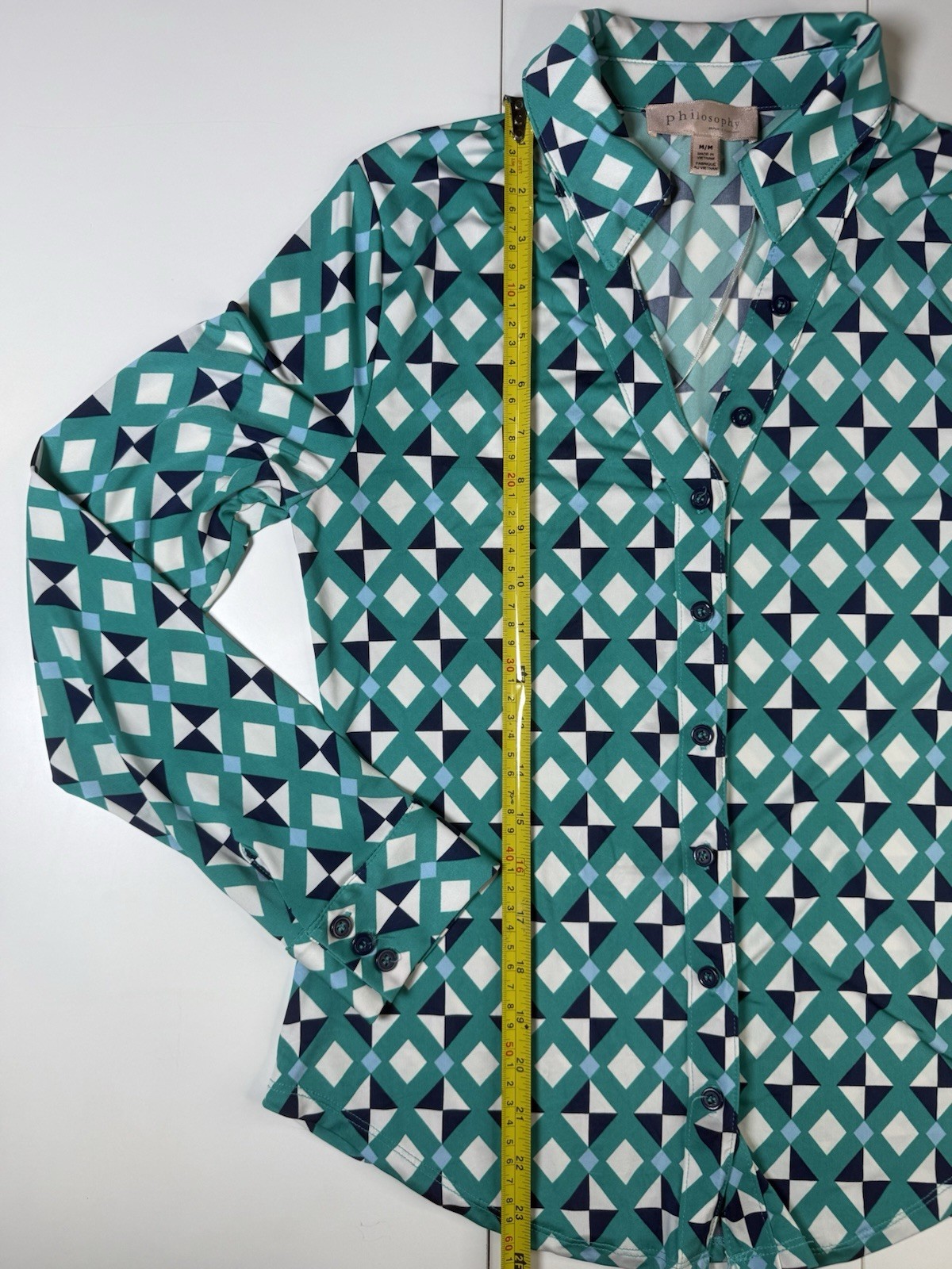 Philosophy Republic Geometric Button Front Stretch Shirt Women’s M Medium Blue