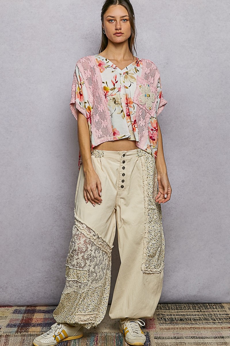 POL Clothing Women’s Floral Printed Crochet Lace Top in Pink Ivory