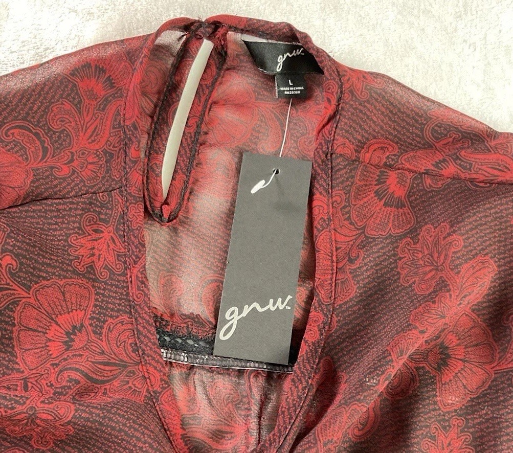 NWT GNW Black Red Floral Sheer Top SZ Large Flare Sleeve Dark Romantic Witchy