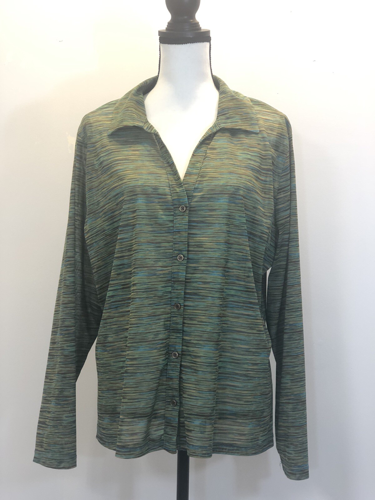 Venezia Women’s Button Up Shirt 18/20 Long Sleeve, Stripe, Sheer, Green-Korea