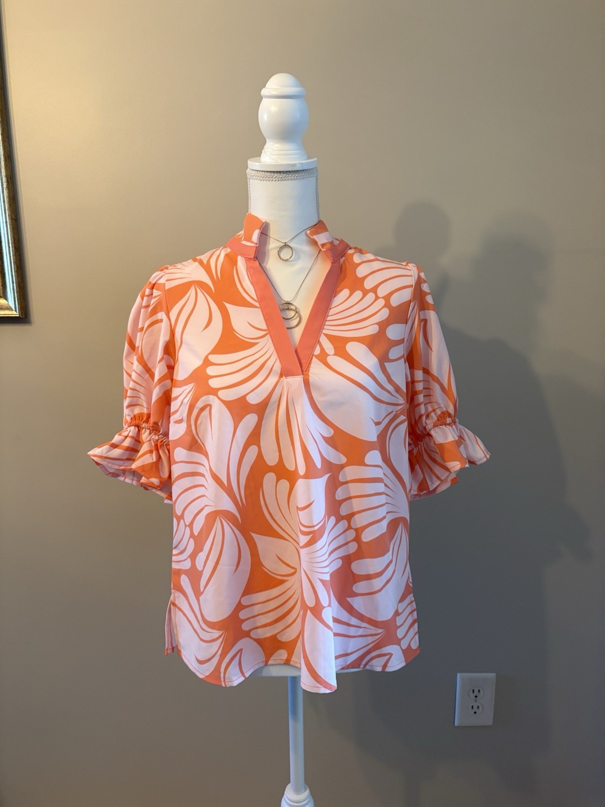 Mary Square orange and white floral blouse with ruffle sleeves. Size S