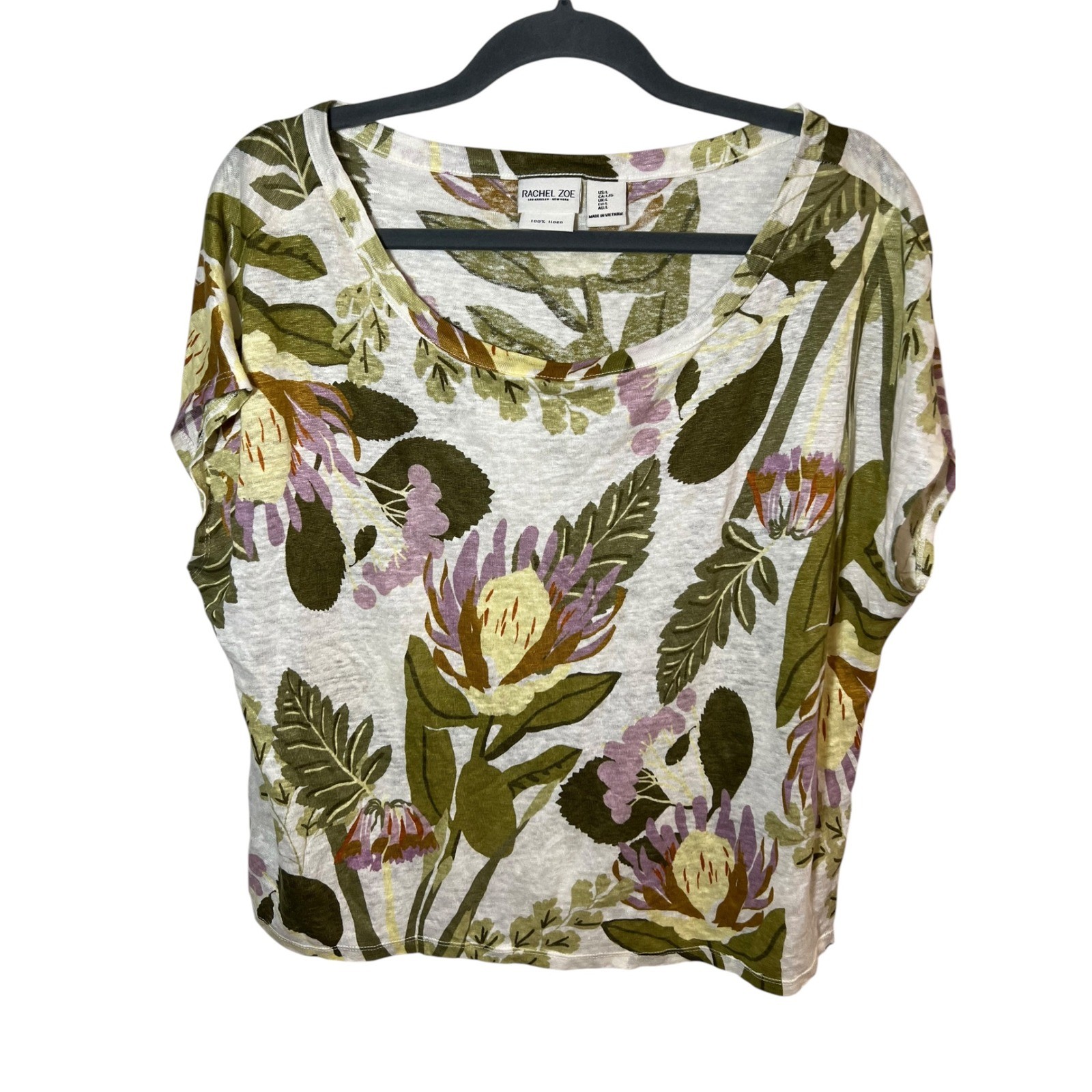 Rachel Zoe 100% Linen Floral Tropical Boxy Scoop Neck Summer Boho Coastal Large