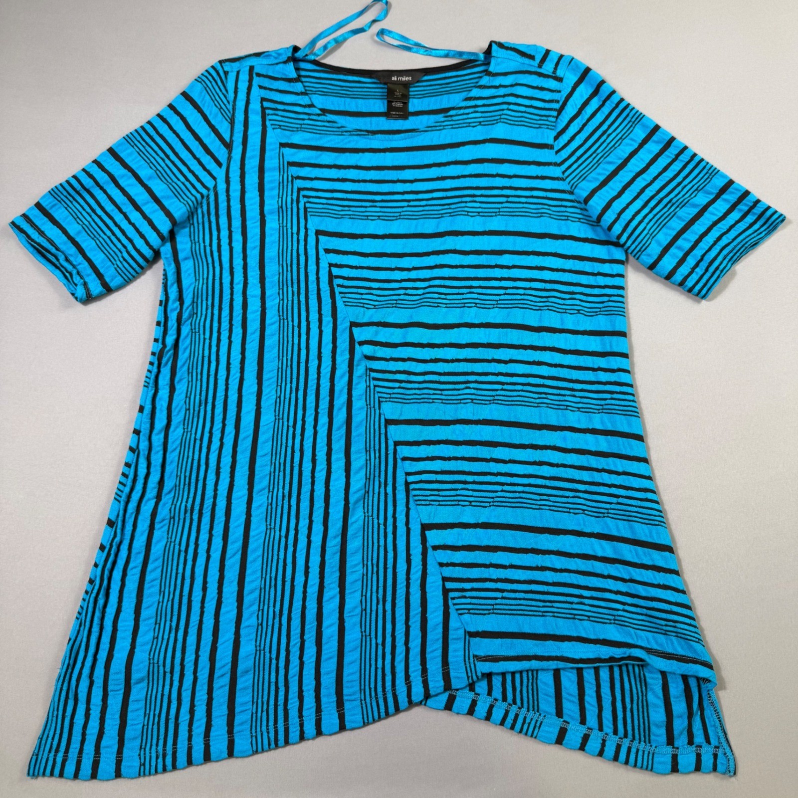 Ali Miles Tunic Top Womens Large Blue Black Striped Asymmetrical Sharkbite Hem