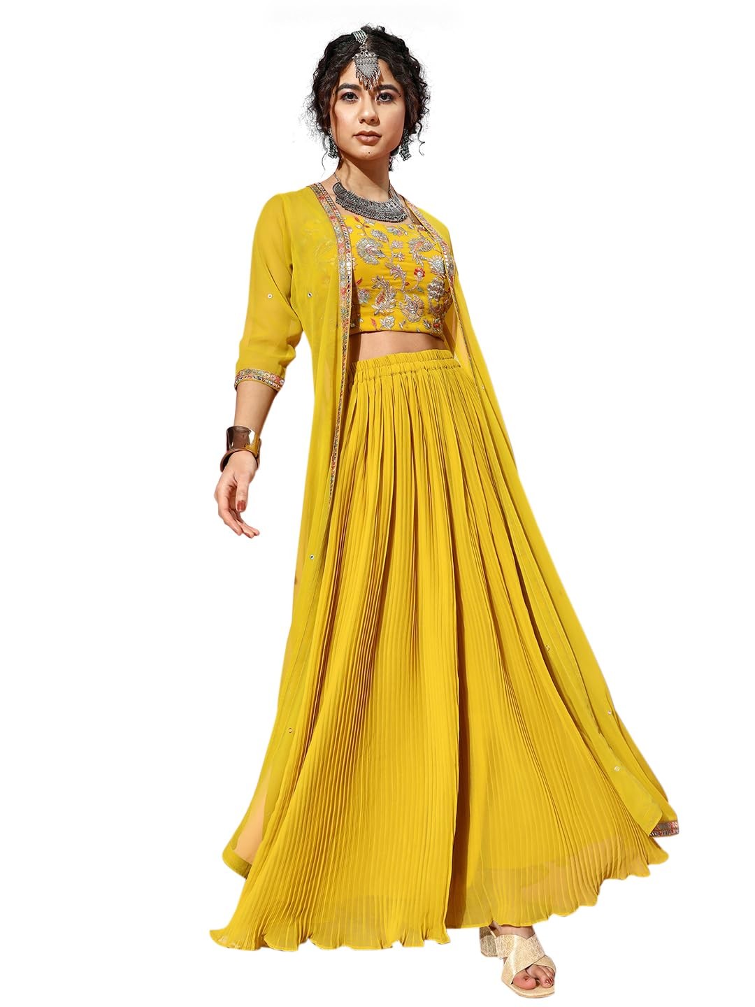 TRENDMALLS Women’s Georgette Embroidery Crop Top Flared Pleated Palazzo Shrug L