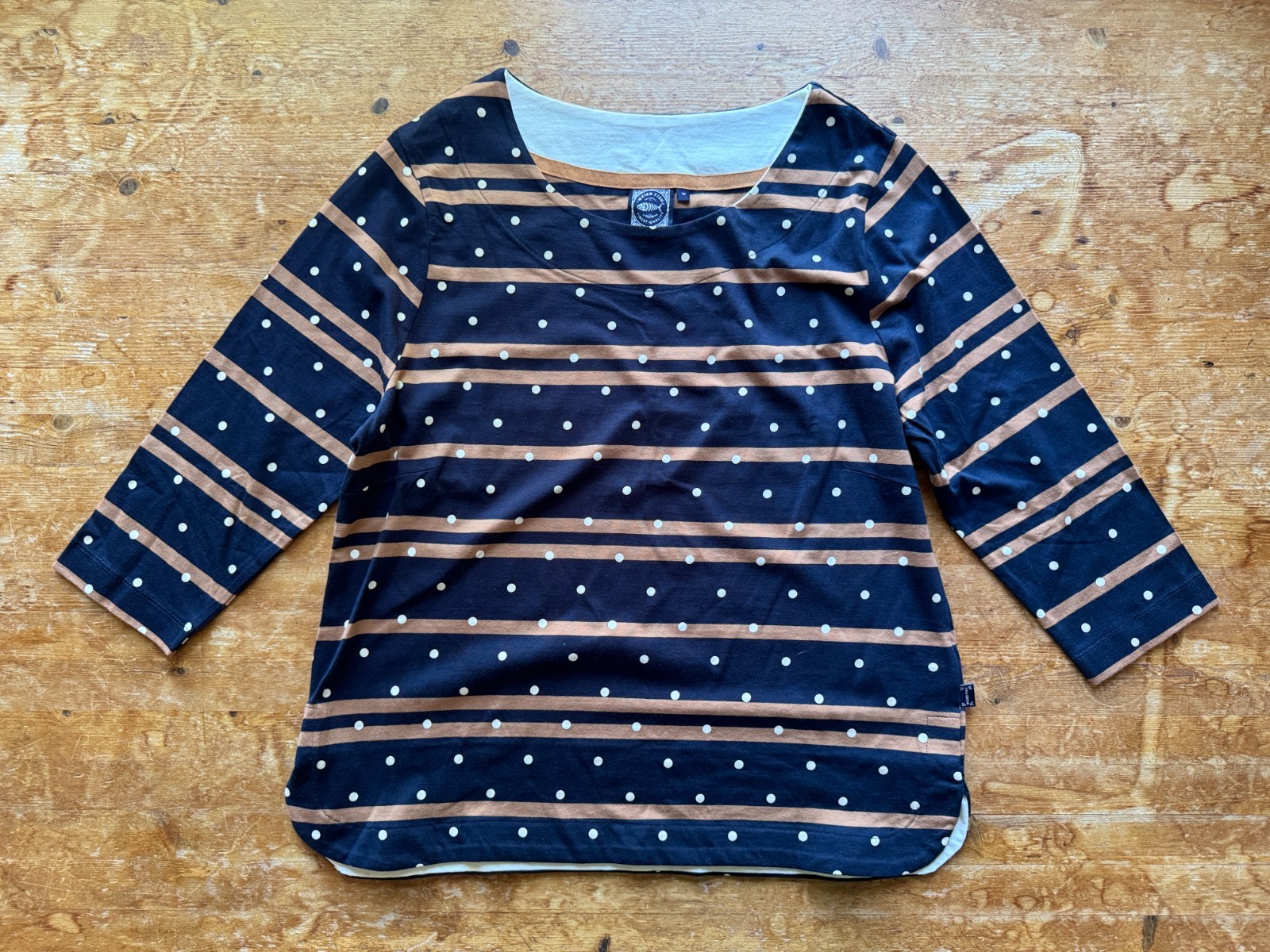 WEIRD FISH T SHIRT TOP BLOUSE UK 18 COTTON 3/4 SLEEVE POLKA DOT NAVY