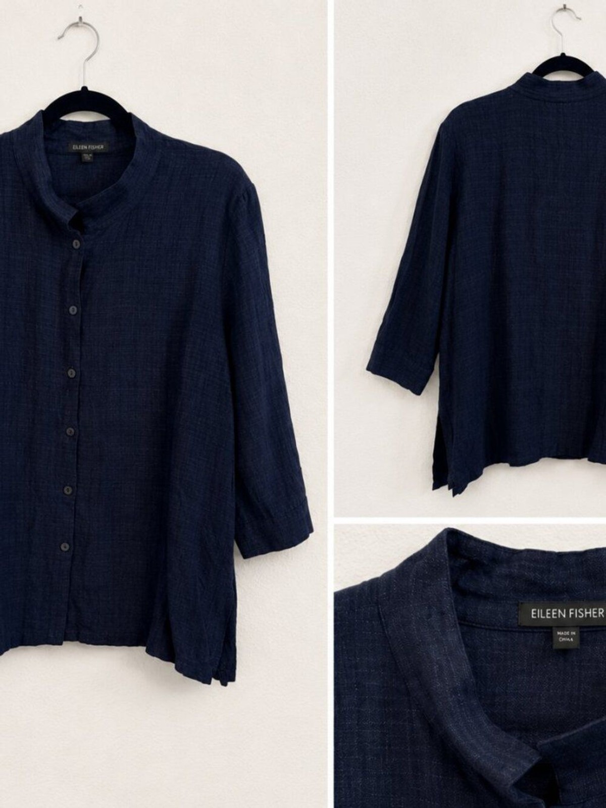 Eileen Fisher Navy Linen Blend Mandarin Collar Shirt | Size Large