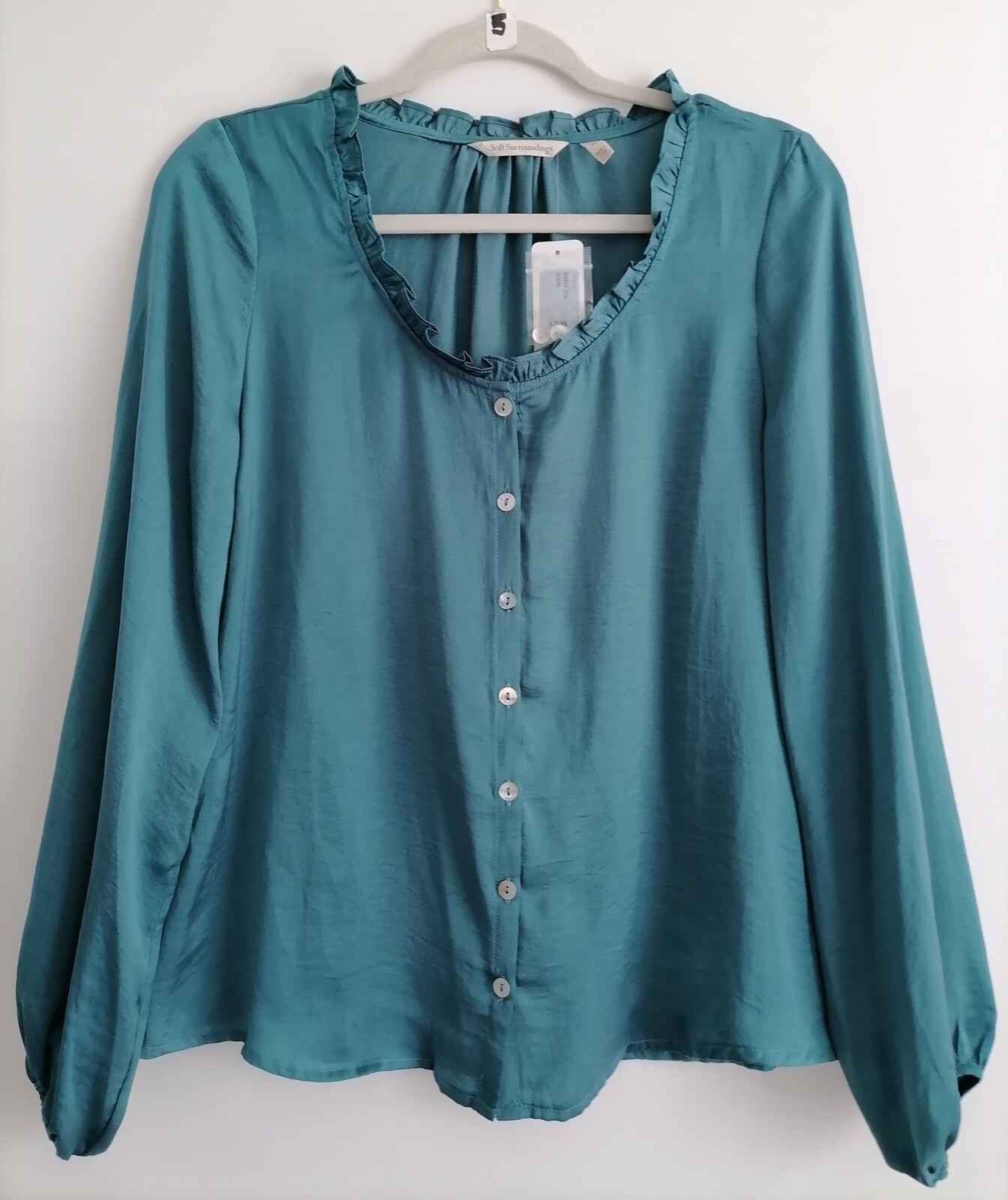 NWT Soft Surroundings Women’s Dusty Teal Ruffle Trim Long Sleeve Blouse Size XS