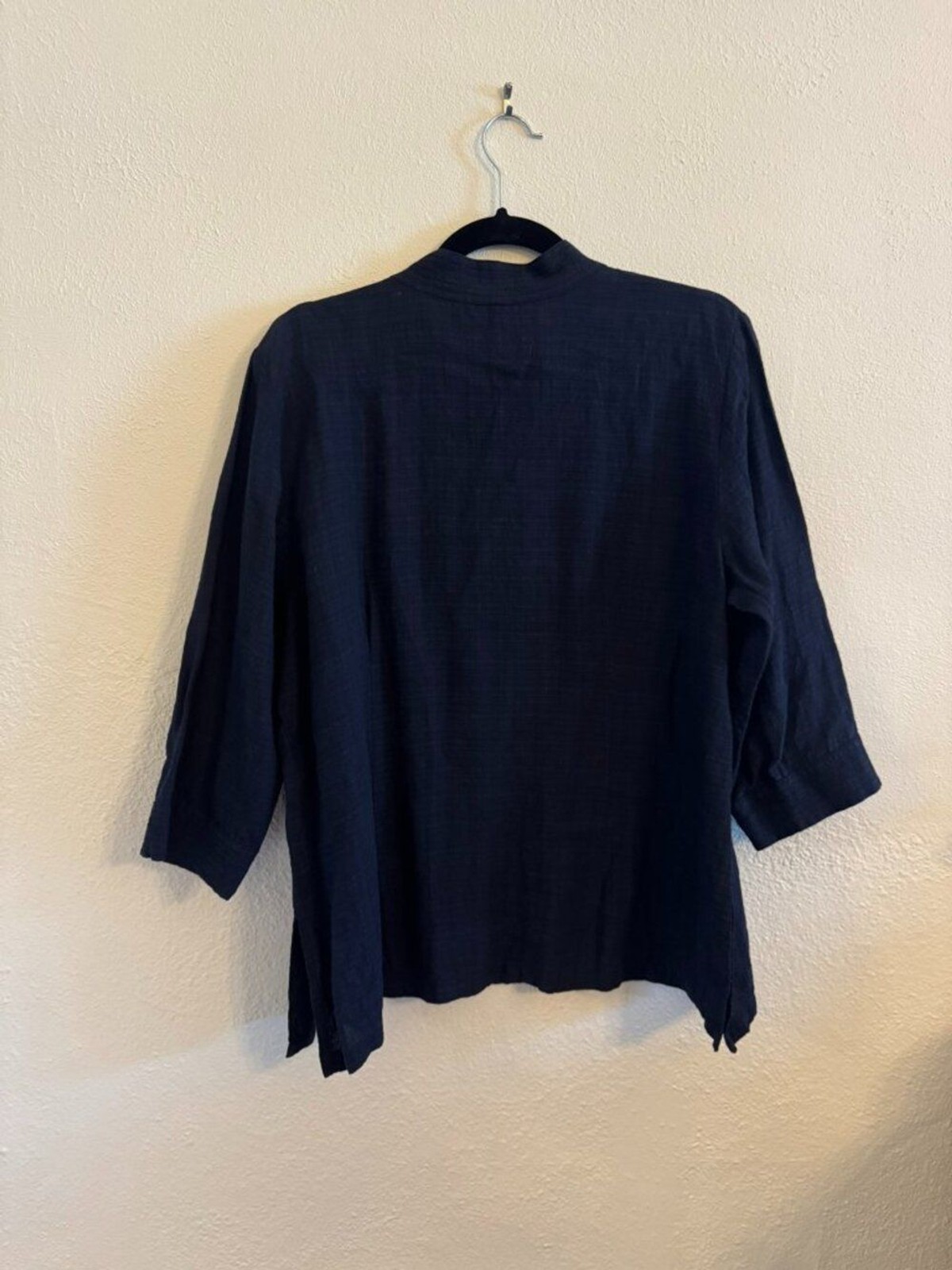 Eileen Fisher Navy Linen Blend Mandarin Collar Shirt | Size Large