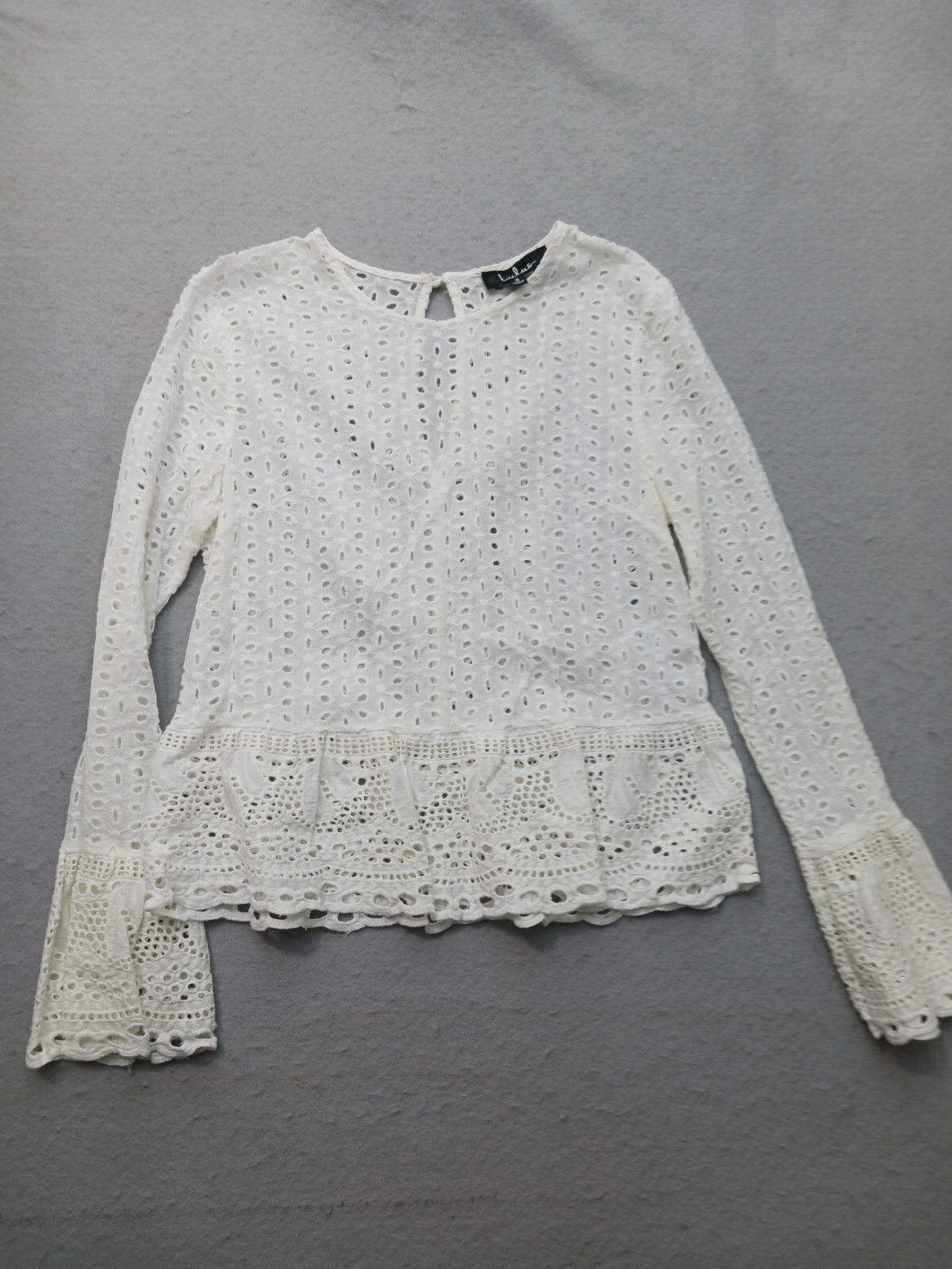 Lulus Womens Eyelet Lace Blouse S White Long Sleeve Ruffle Hem Boho Chic Casual