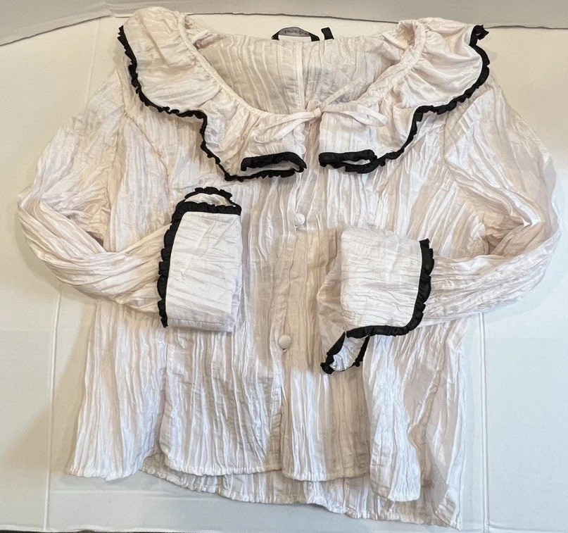 Samuel Dong White Satin Ruffle Trim V-Neck Long Sleeve Button Front Blouse XL