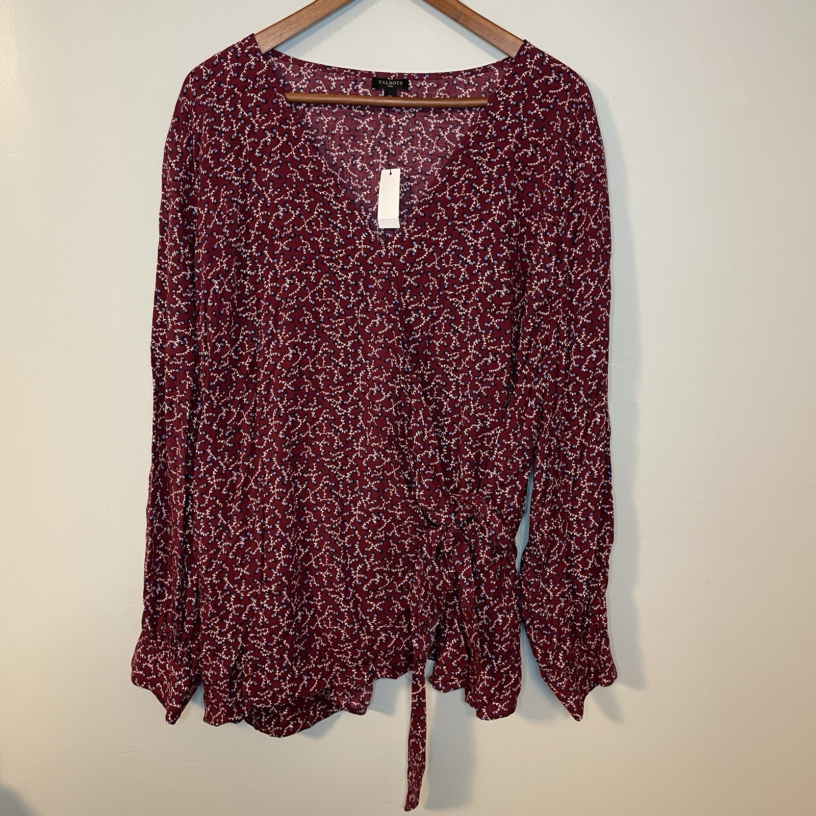 NWT TALBOTS Size 3x Burgundy Blue Floral Faux Wrap Long Sleeve Blouse