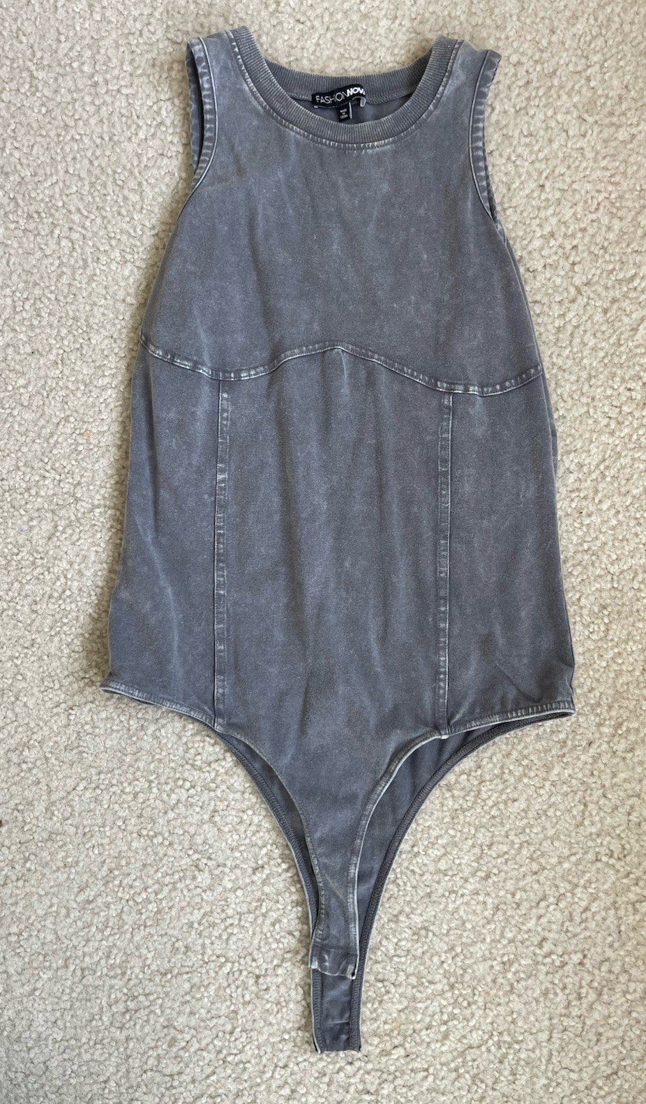 Grey Denim Washed Fashion Nova Bodysuit Featuring Vertical Seam Details Size M