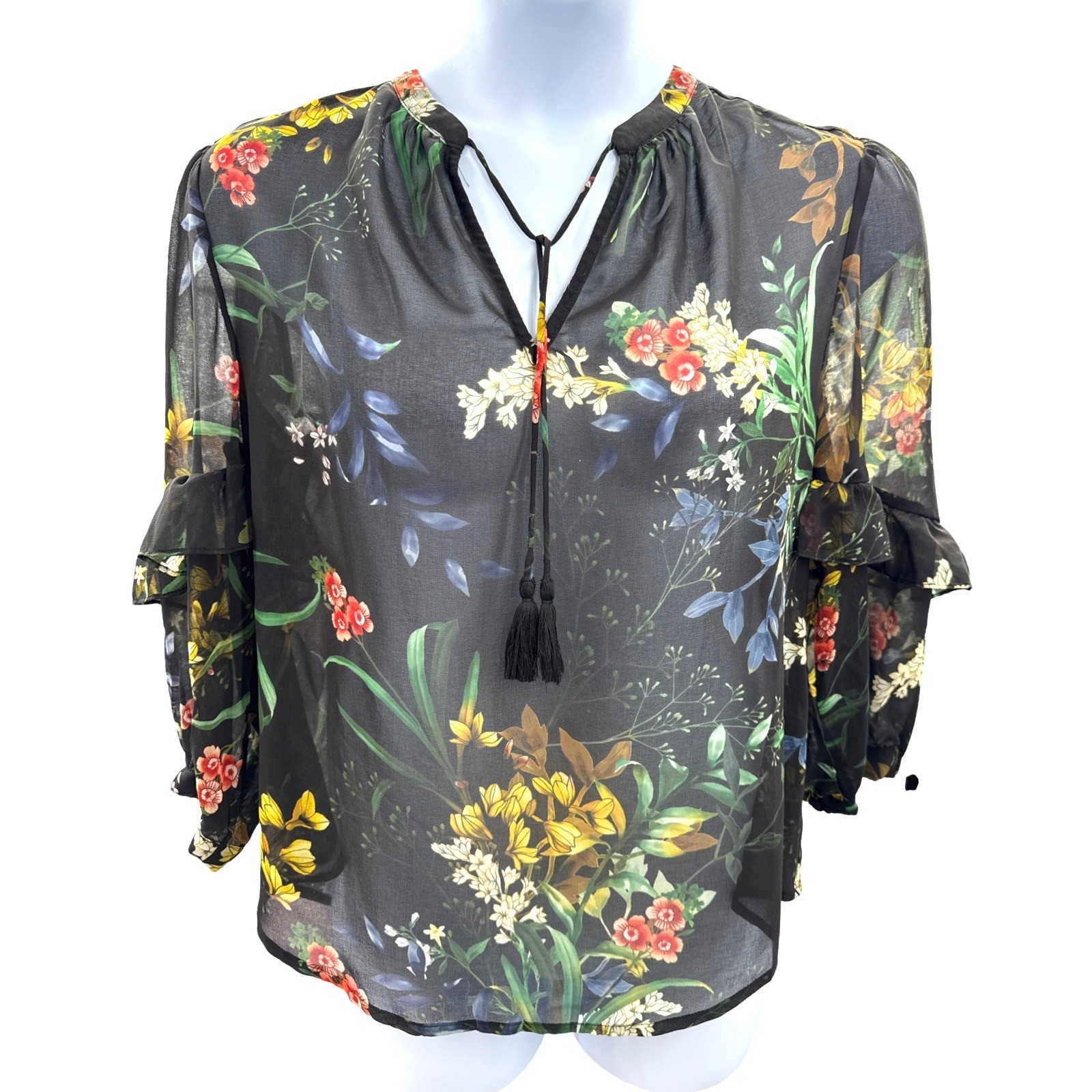 Chico’s Sheer Floral Blouse Size 1 Medium Black Boho Peasant 3/4 Sleeve