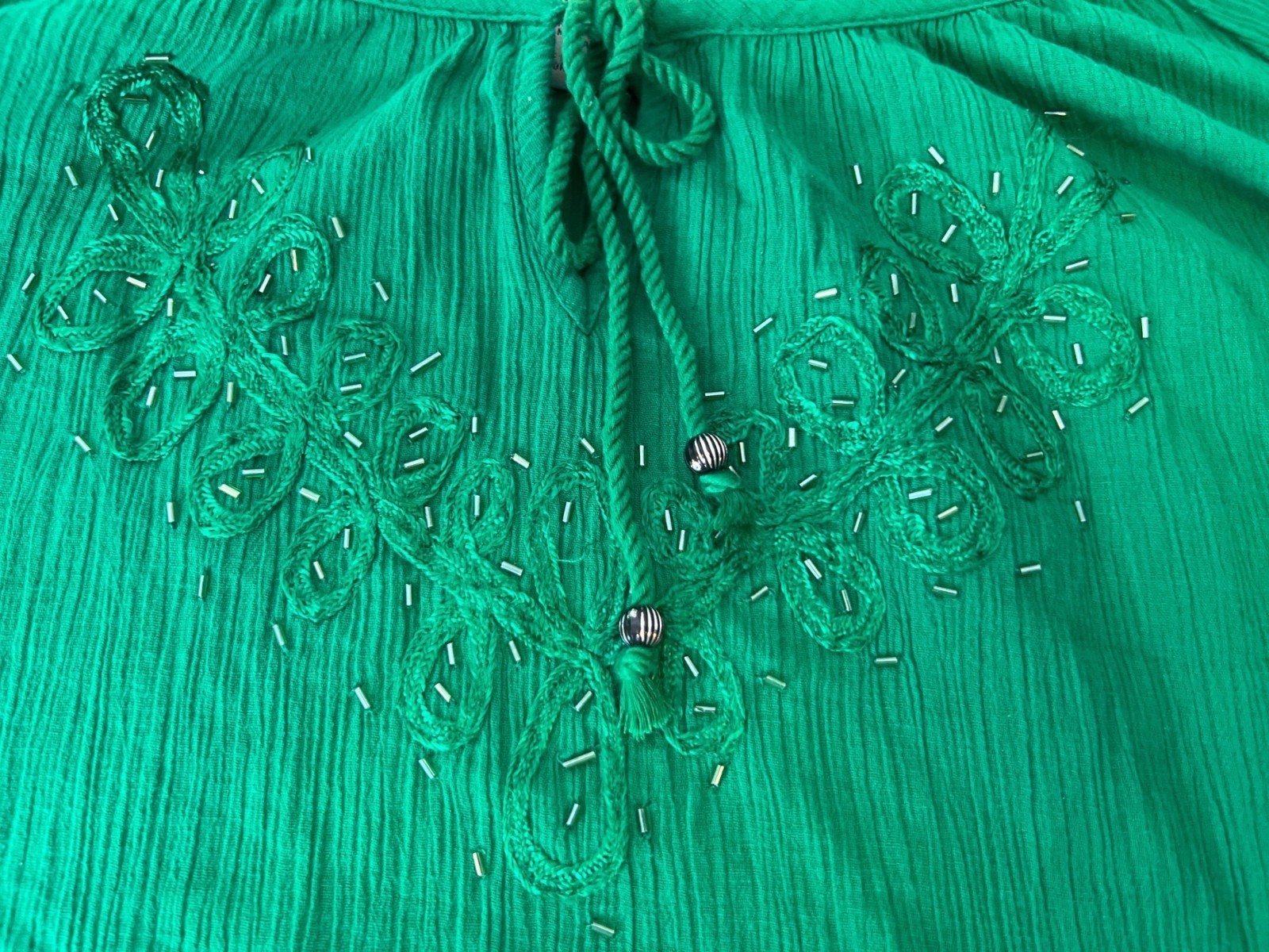 Catherine’s 5X 34/36W Kelly Green Blouse Tassels Tie Lightweight Spring Beading