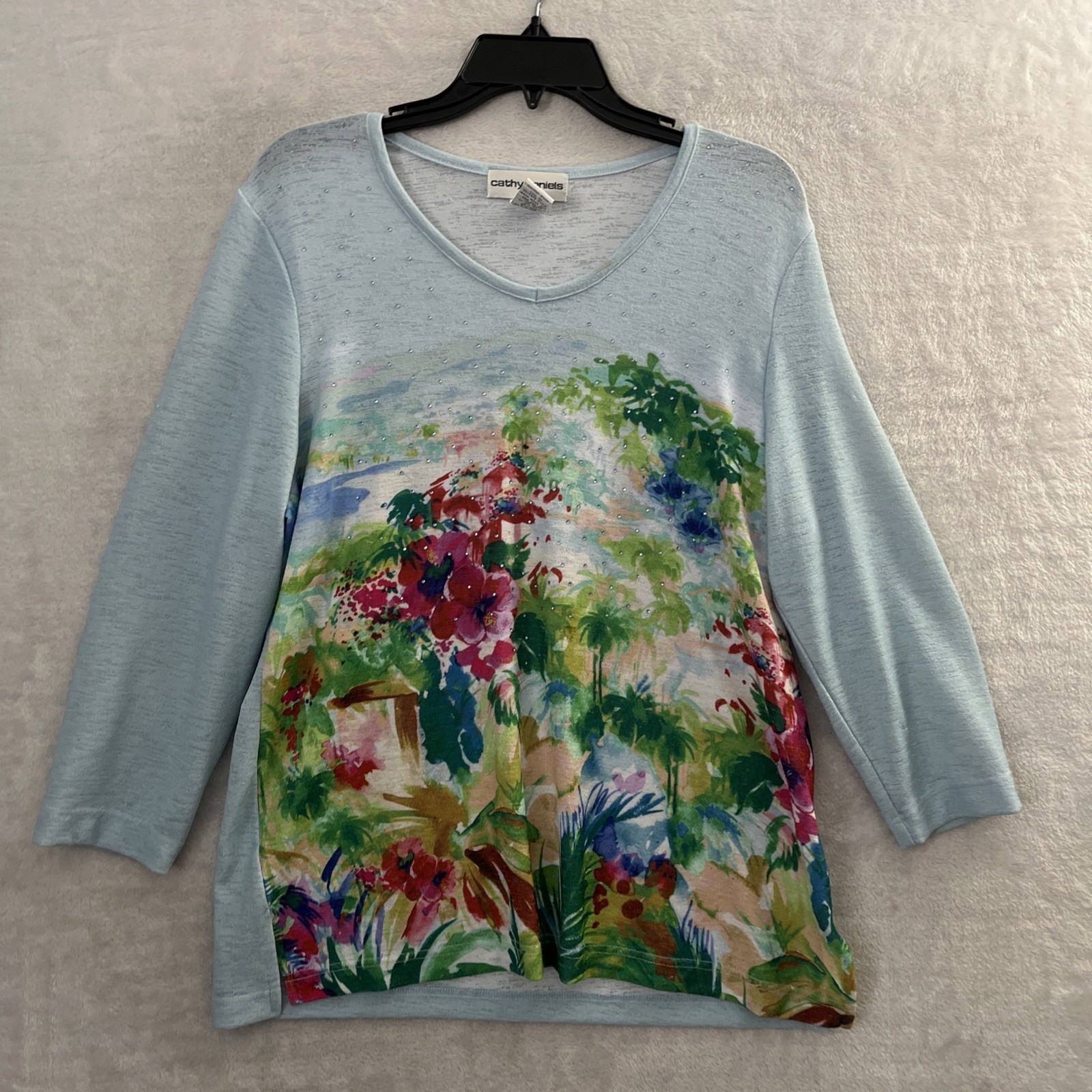 Cathy Daniels Womans Blouse Top Blue Medium Floral Bead Long Sleeve V Neck