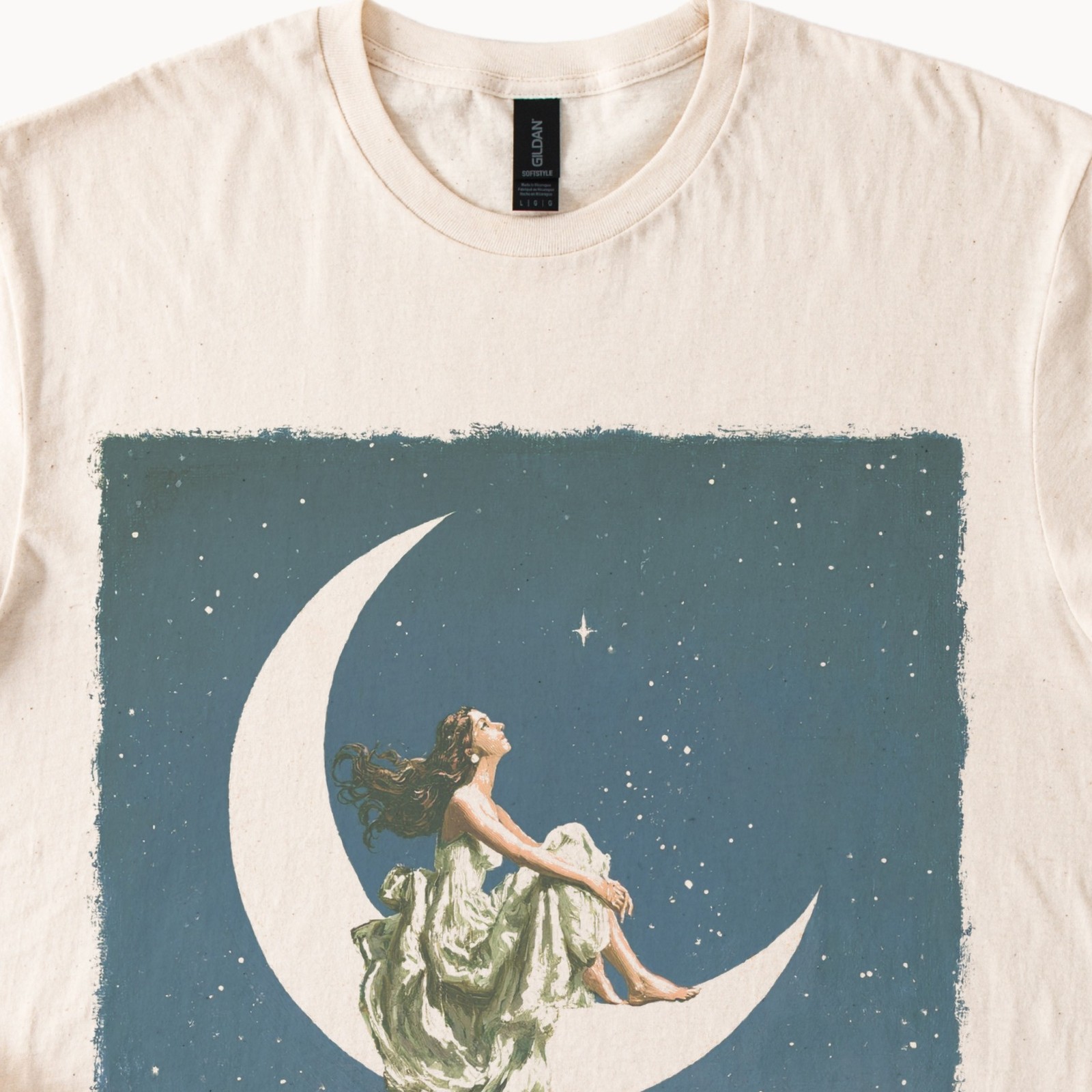 Dreamy Moon Girl Graphic Tee Vintage Celestial Night Sky Art