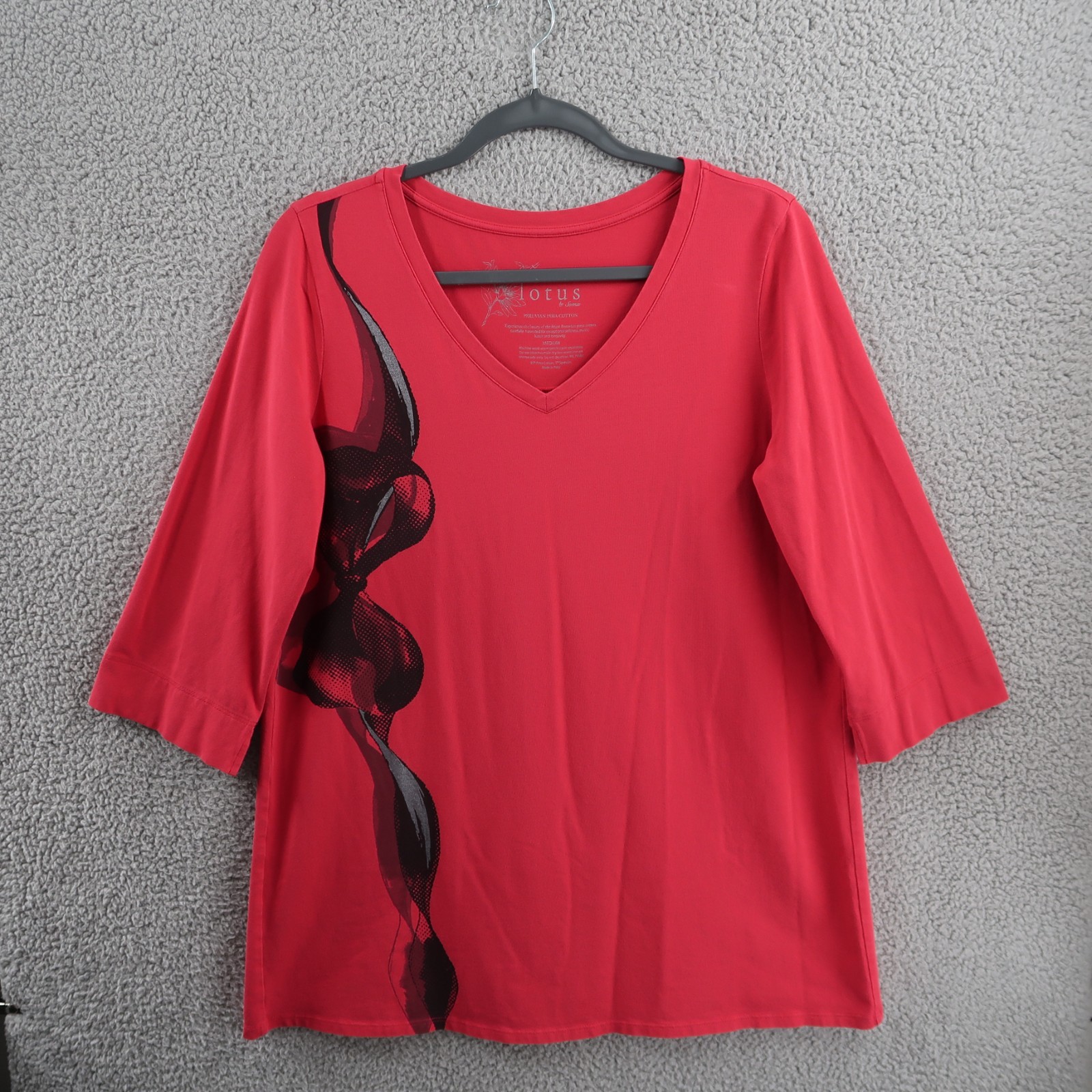 Lotus Shirt Womens Medium Red Bow Graphic Pima Cotton 3/4 Sleeve By Soma